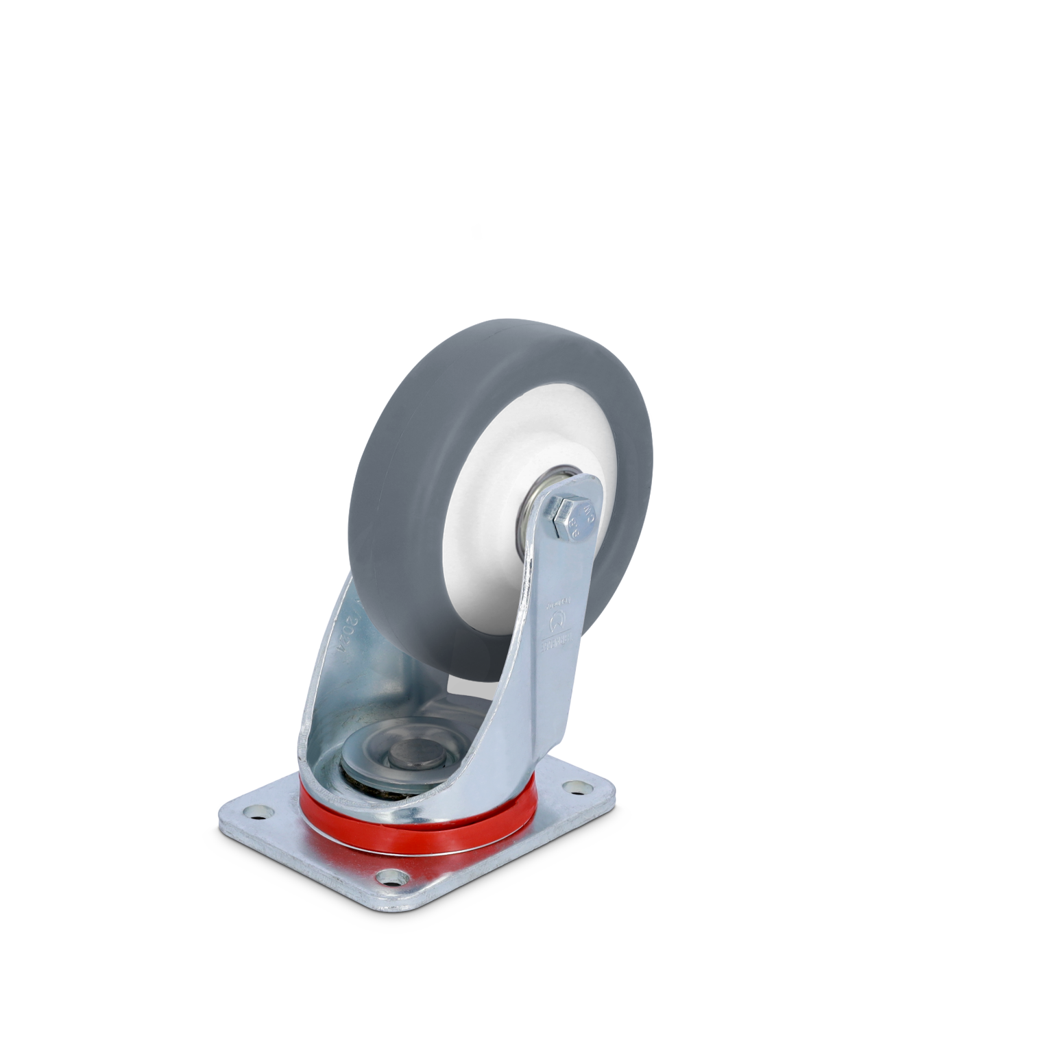A gray industrial wheel with a white center is mounted on a metal swivel plate. The plate features four screw holes for attachment, on a contrasting background.