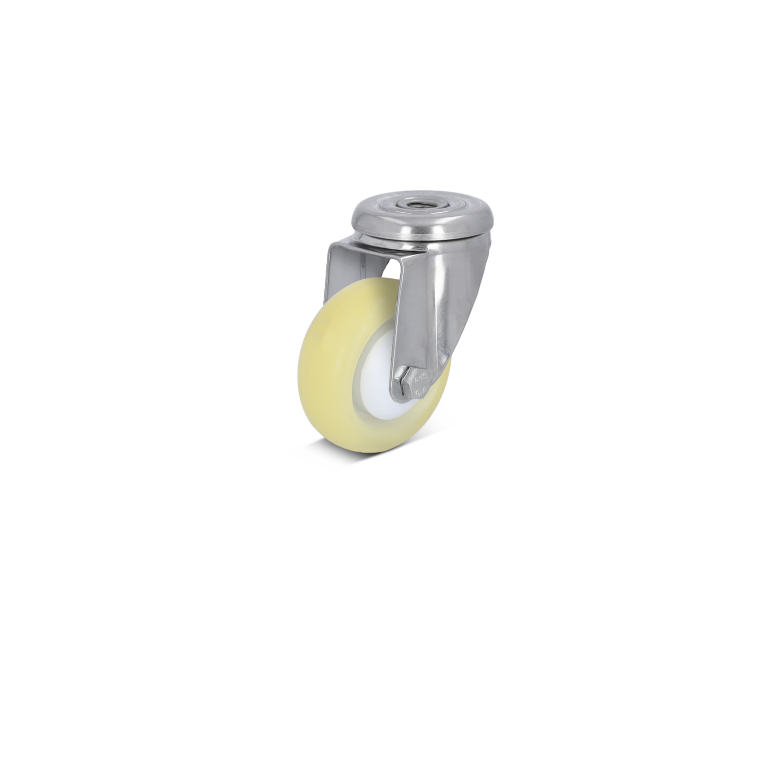 Ein industrieller Rad, aus einem hellen Kunststoff gefertigt, mit einem Metallgestell. Es hat eine robuste Befestigungsplatte und ist in einer neutralen Hintergrundumgebung positioniert.