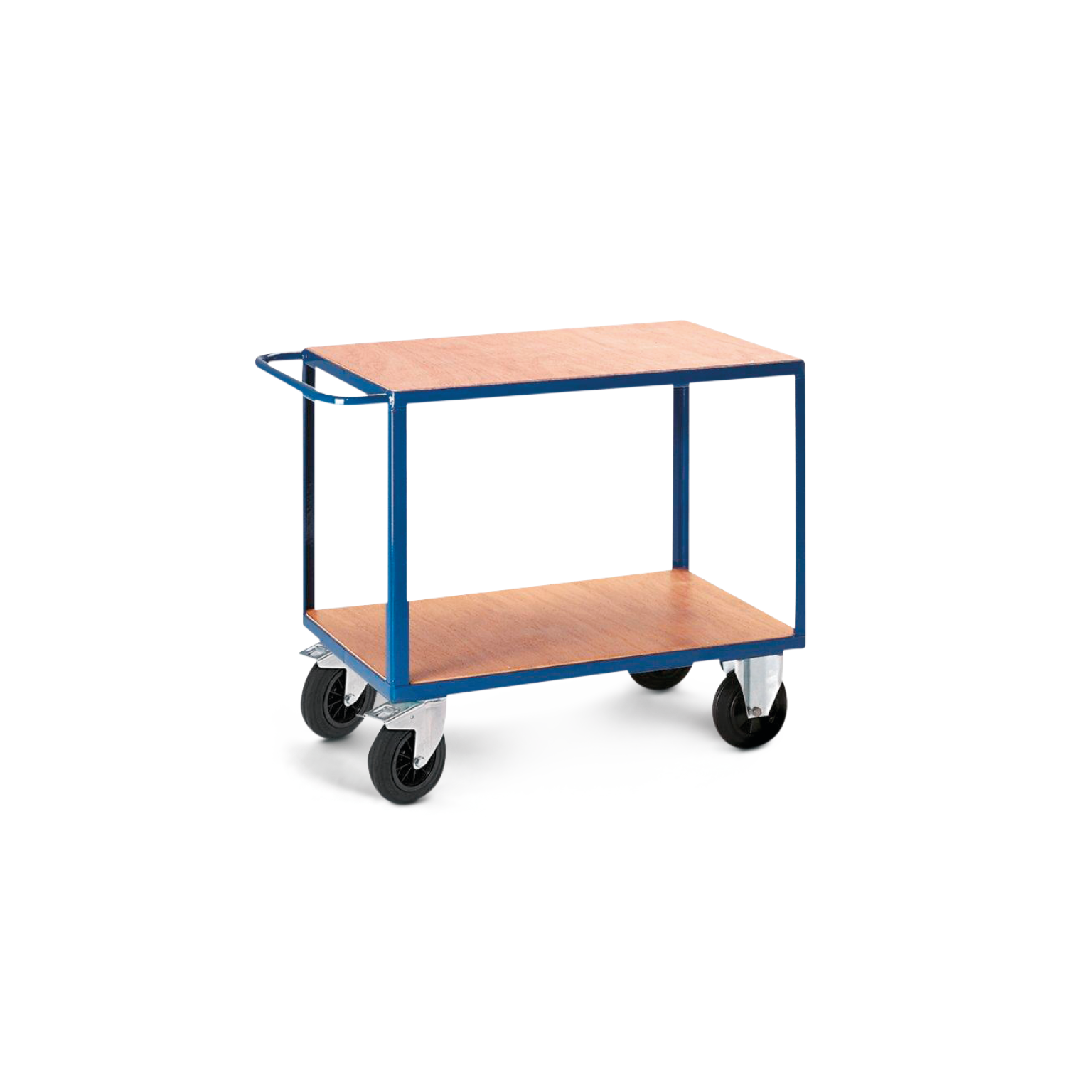 A transport trolley features a blue metal frame with two wooden shelves, one on top and one below. It is equipped with four swivel castors for mobility, set against a neutral background.