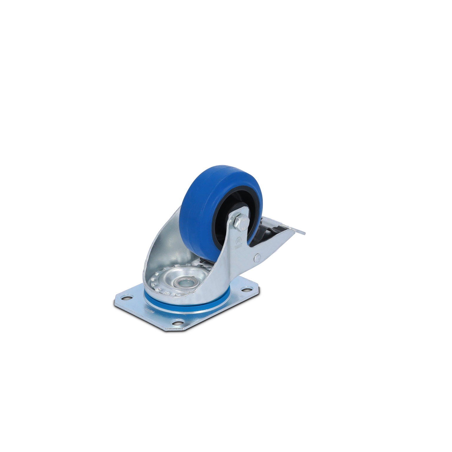 Blauer Gummi-Rad mit einer verchromten Halterung, die auf einer quadratischen Montageplatte befestigt ist. Der Rollkörper ist für eine bewegliche Anwendung in der Industrie konzipiert.
