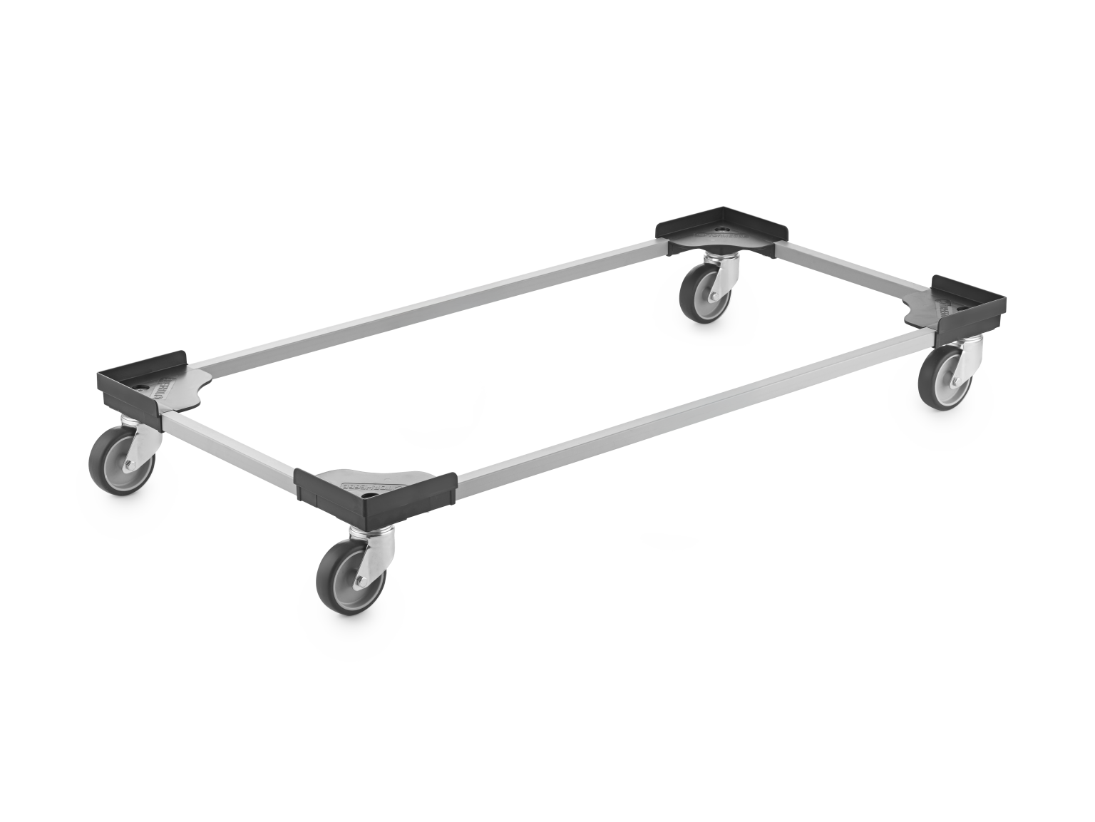 A transport dolly is shown, featuring a rectangular frame with four swivel castors at the corners. The frame is made of metal, with rubberized corner pads for protection, set against a plain background.
