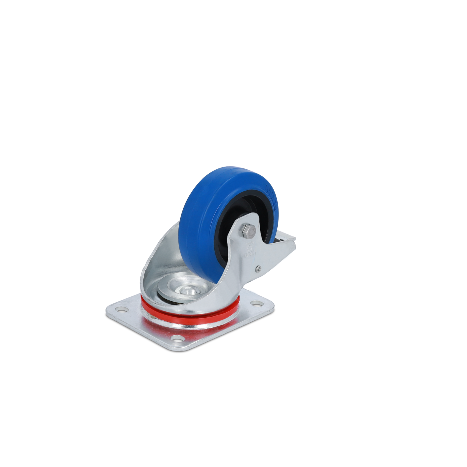 A swivel castor with a bright blue rubber wheel and a metallic mounting plate. It features a protective guard and is designed for smooth movement, likely intended for industrial applications, set against a black background.