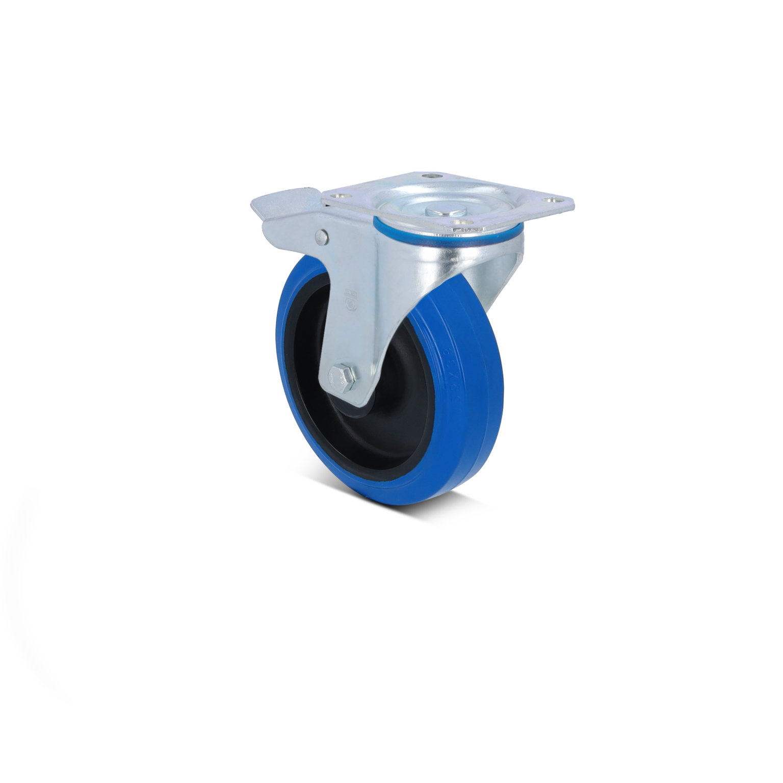 Ein blauer Rad mit schwarzem Gummiband hat eine metallische Halterung. Die Halterung ist befestigt und mit einem Loch für die Montage versehen. Der Hintergrund ist schwarz.