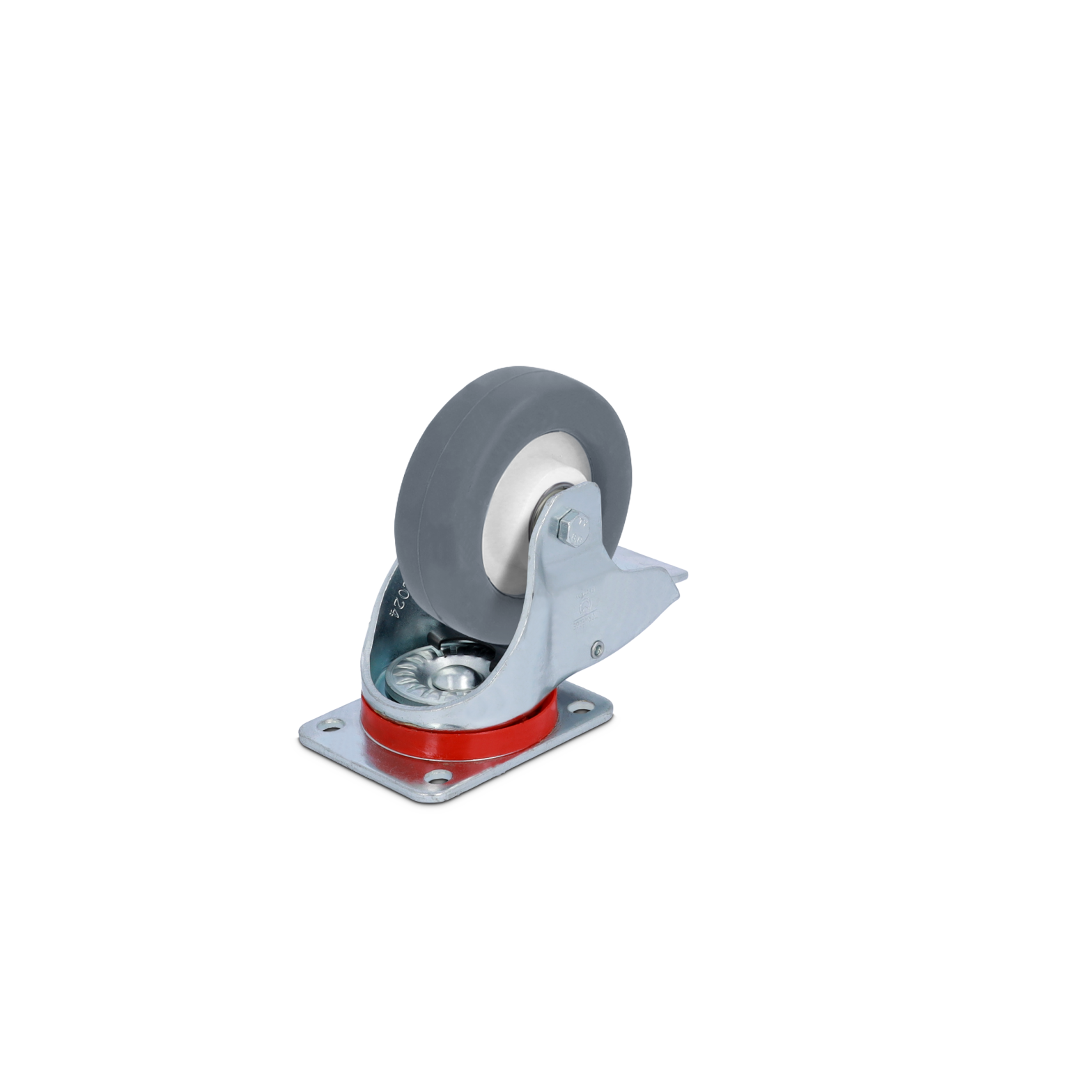 A gray industrial wheel is mounted on a silver metal swivel base. The wheel features a white inner surface, and the base is designed for easy attachment, suitable for material handling applications.