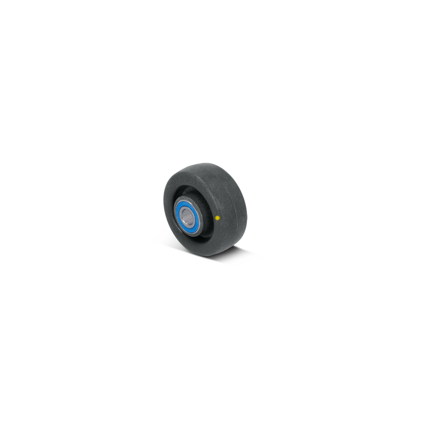Zwarte kunststof wielen met een metalen lager in het midden. Het wiel is glad en heeft een blauwe ring rond het lager. Er is een lichte reflectie zichtbaar, de achtergrond is neutraal.