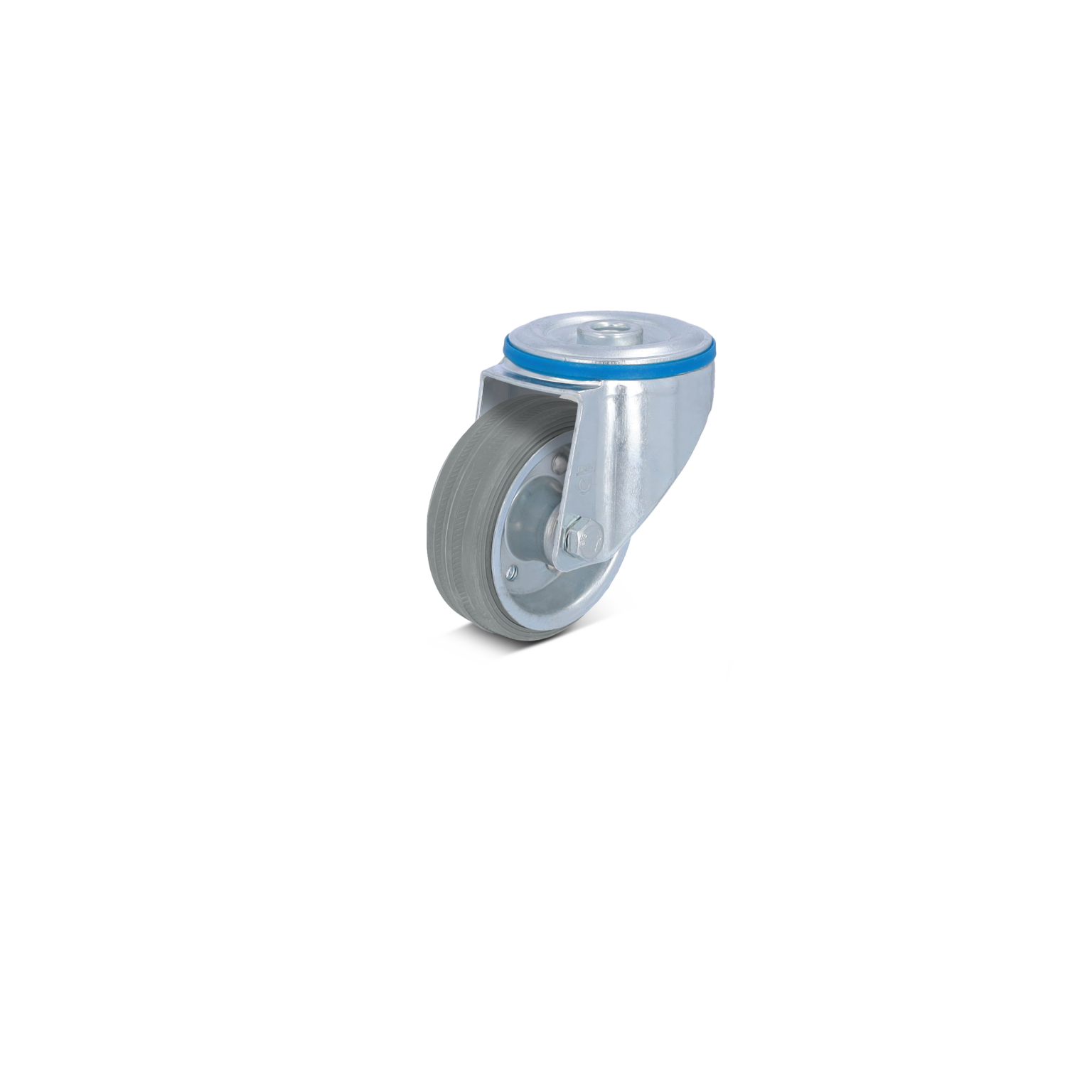 Een grijze zwenkwiel met een metalen montageplaat en een blauwe ring bovenaan. Het wiel is gepositioneerd voor gebruik in industriële toepassingen, met een blanke achtergrond.