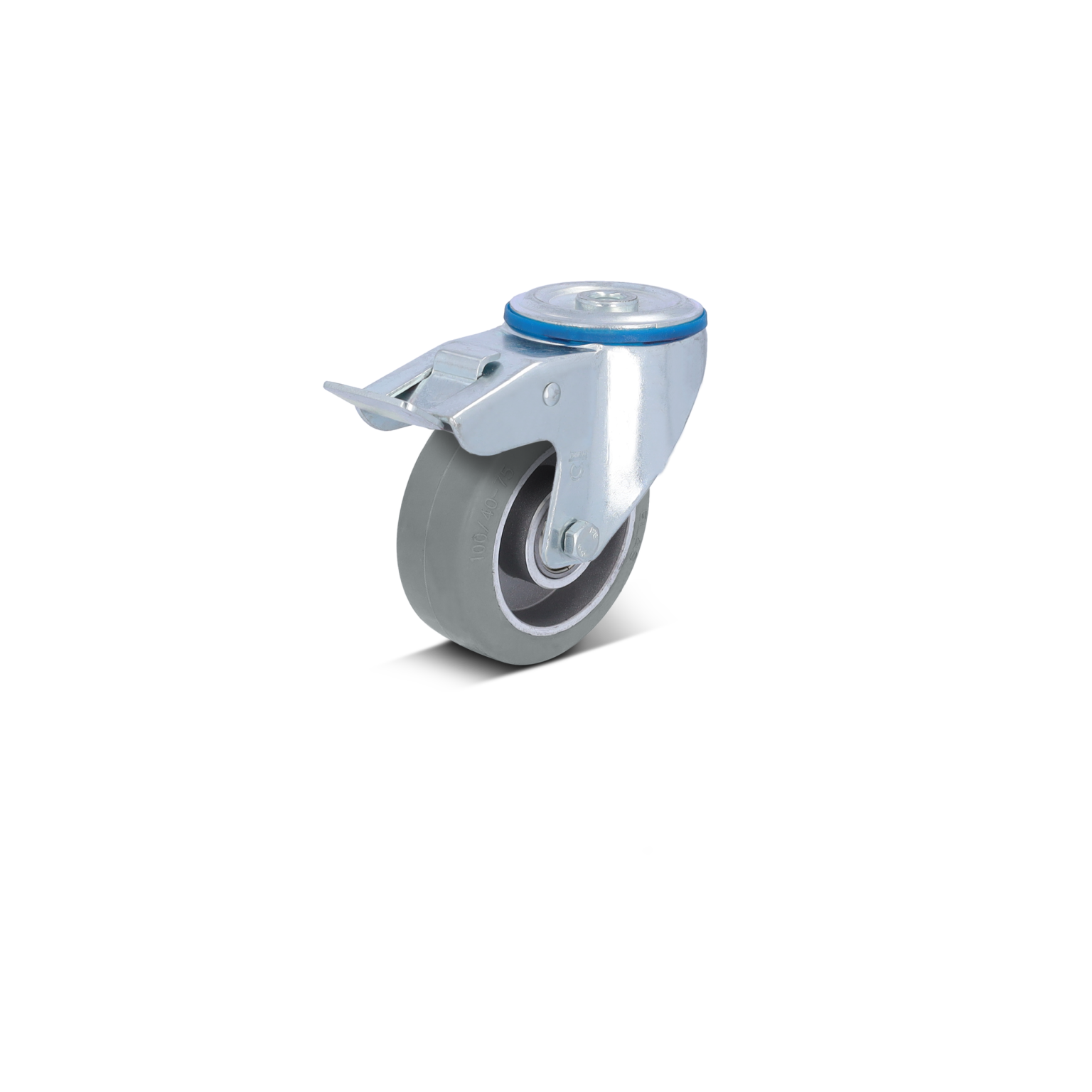 Gummi-Rad mit einem silbernen Metallgehäuse, das mit einer Bremsvorrichtung und einem festen Montageblech ausgestattet ist. Der Hintergrund ist schwarz und hebt das Rad hervor.