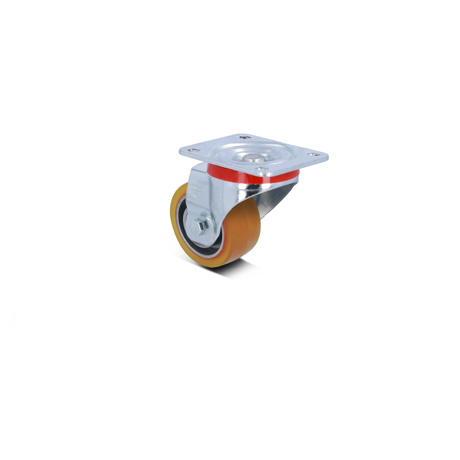 Bockrolle mit einem gelben Gummi-Rad und einer verchromten Metallplatte. Die Rolle ist zur einfachen Montage vorgesehen und hebt sich vor einem neutralen Hintergrund hervor.