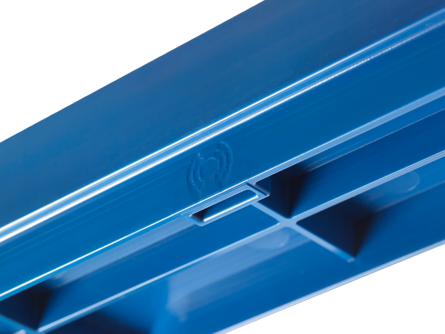 A blue plastic storage container features a smooth surface with a molded logo and divided sections inside. It is positioned against a plain white background, highlighting its design and structure.