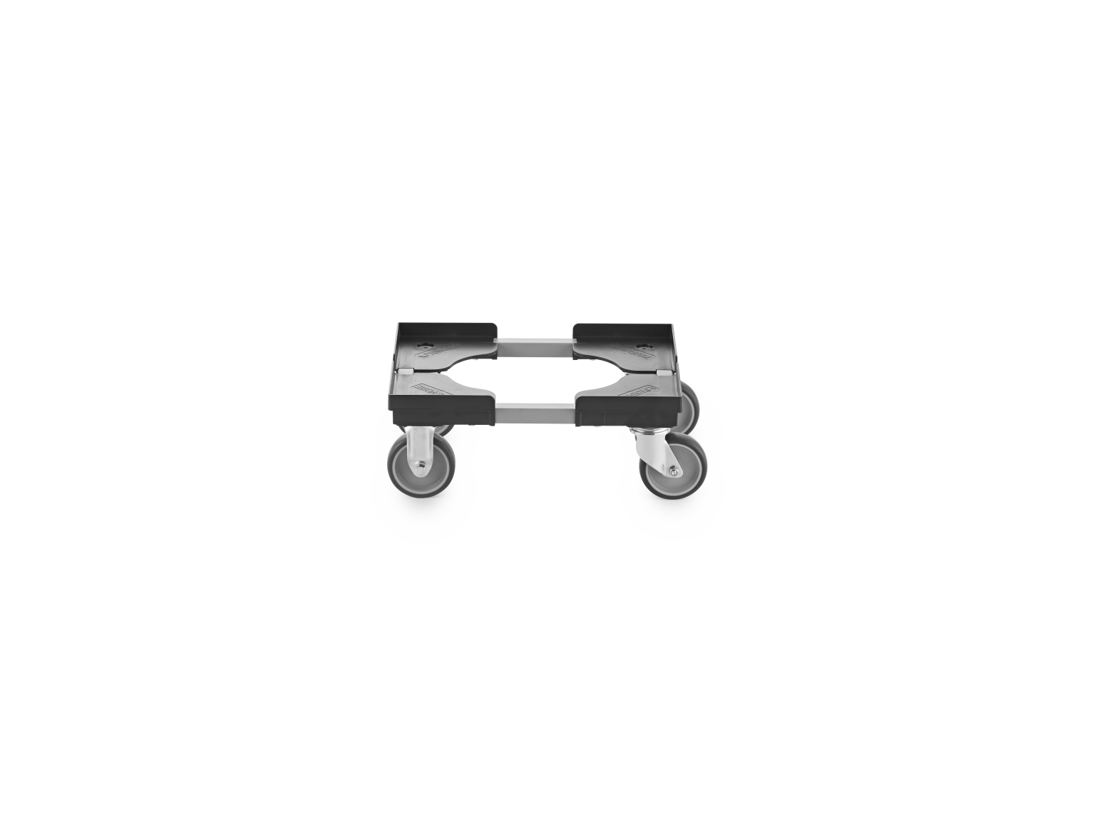 A transport trolley features a flat base with two swivel castors attached. The castors are gray with a metallic shaft, suitable for maneuvering in industrial settings. The background is minimalistic.