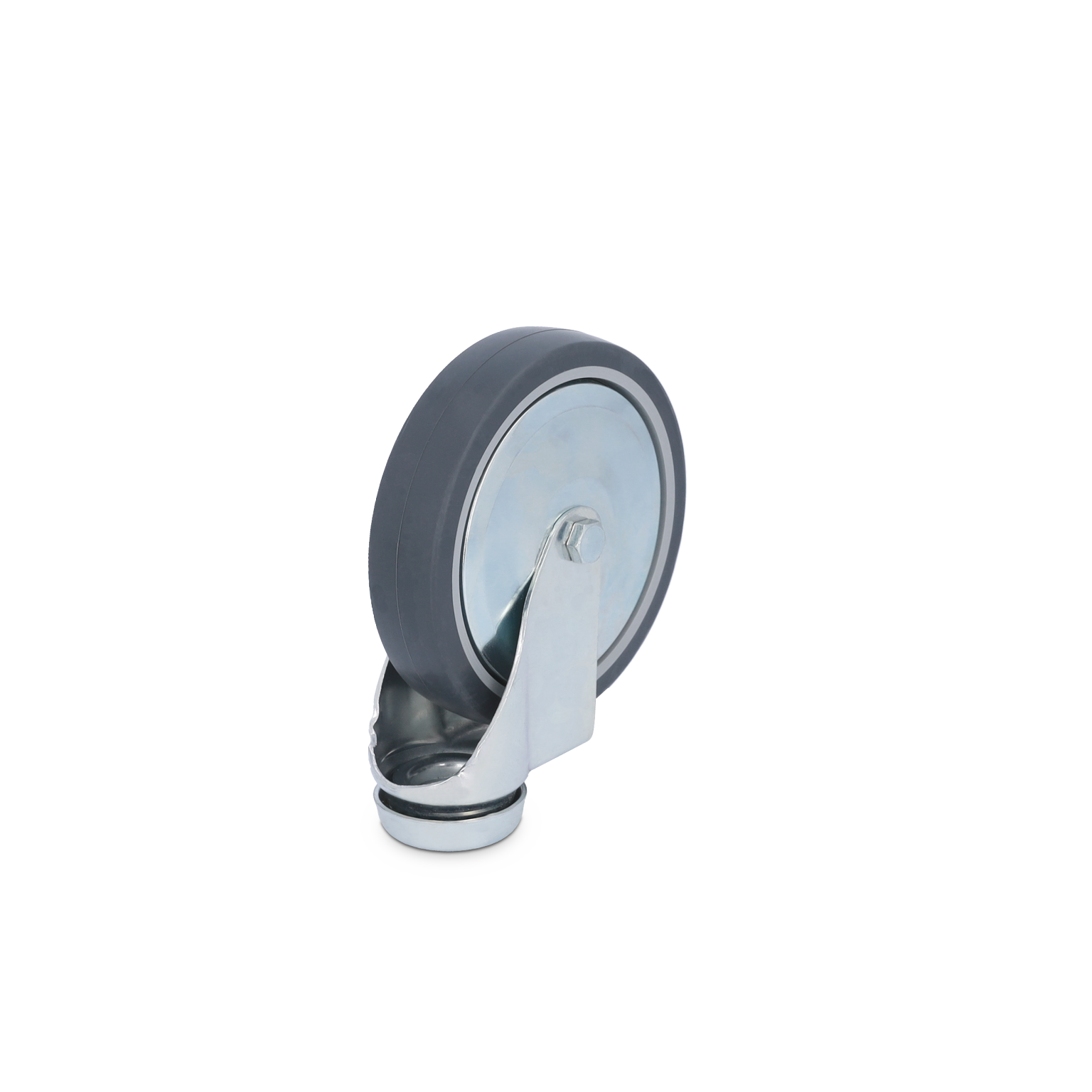 A black rubber wheel is mounted on a shiny metal swivel plate. The wheel features a chrome rim and a sturdy mounting bracket, set against a bright blue background.