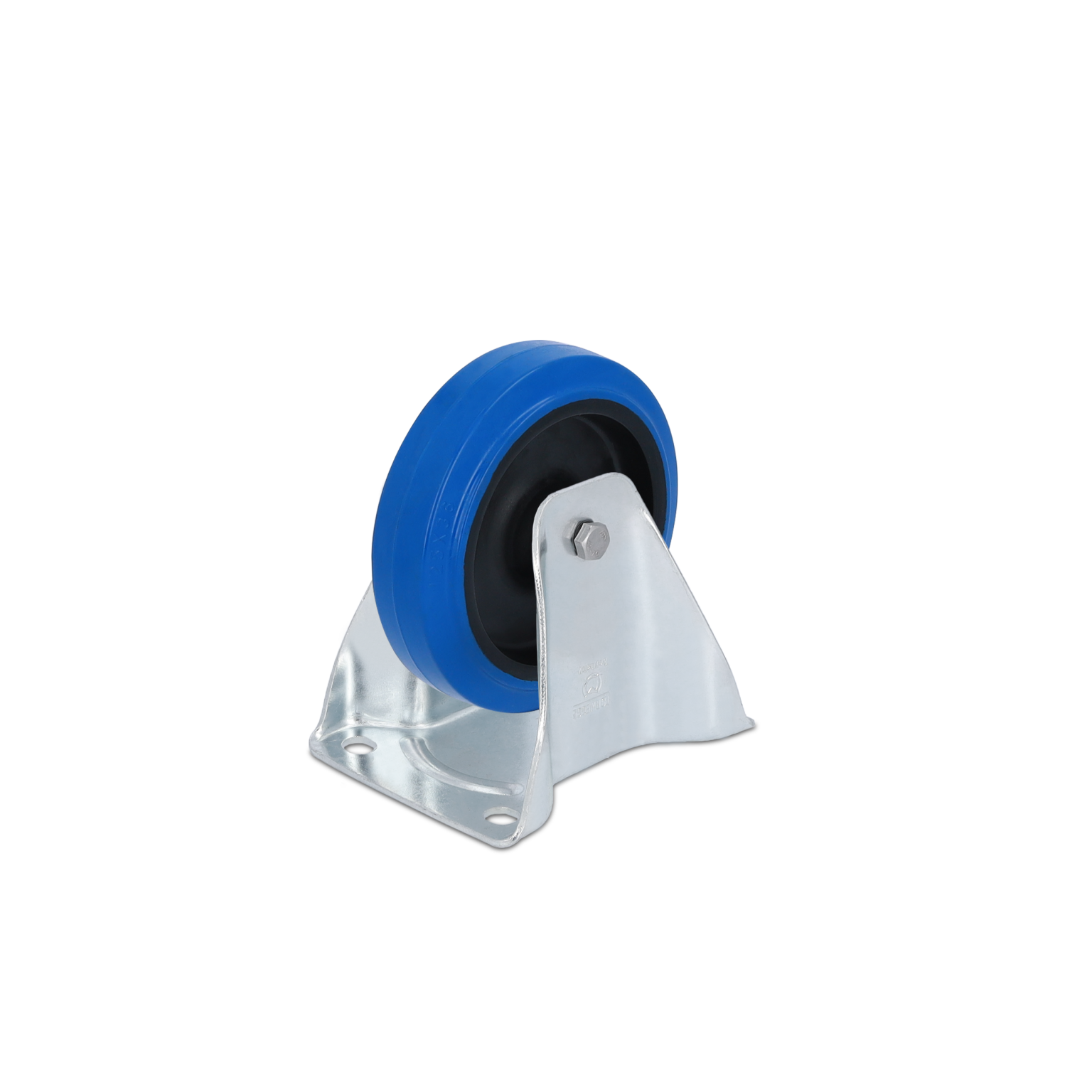 A metal wheel with a blue rubber surface mounted on a silver plate shows a bolt attachment. The background is a solid, neutral color, emphasizing the component.