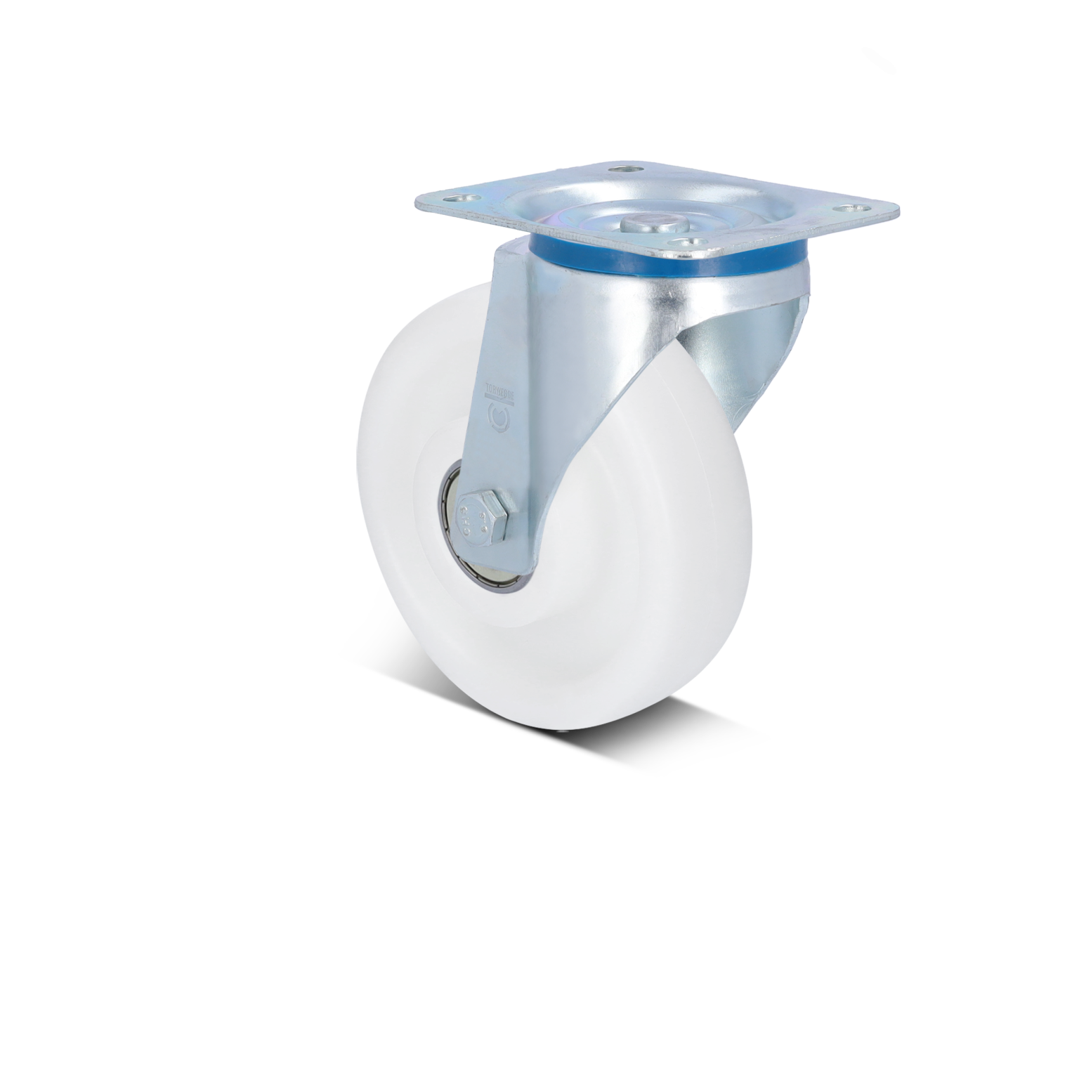A swivel caster with a white plastic wheel is mounted on a metallic plate. The steel bracket features a clean finish and is designed for mobility, suitable for industrial applications.