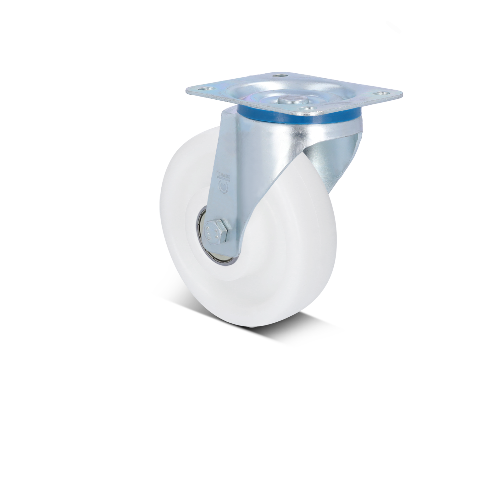 A swivel caster with a white plastic wheel is mounted on a metallic plate. The steel bracket features a clean finish and is designed for mobility, suitable for industrial applications.