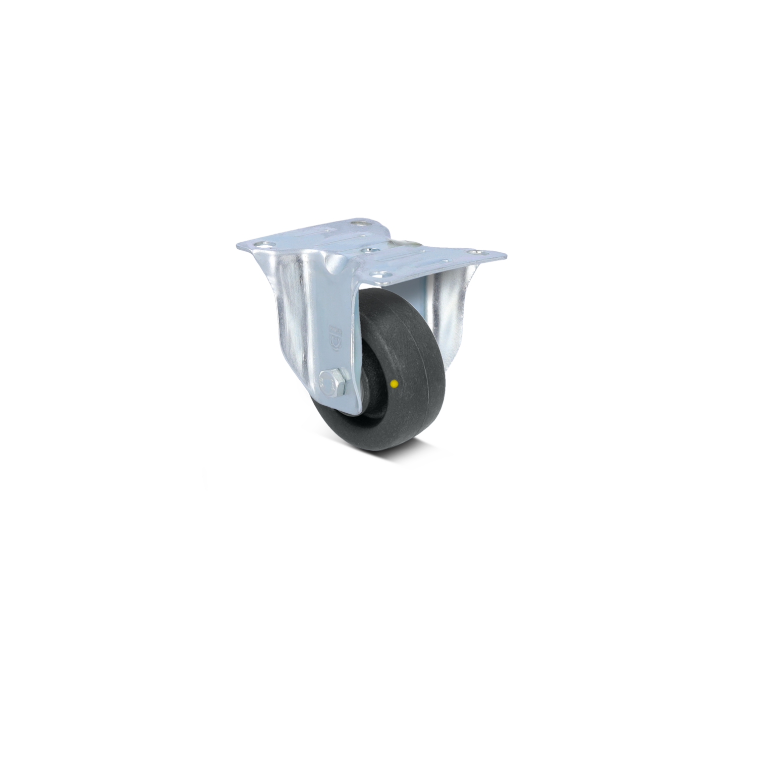 Zwenkwiel met een metalen montageplaat en een zwarte rubberen band. Het wiel steekt schuin naar voren uit, met een gele stip op de band. De achtergrond is lichtkleurig en eenvoudig.