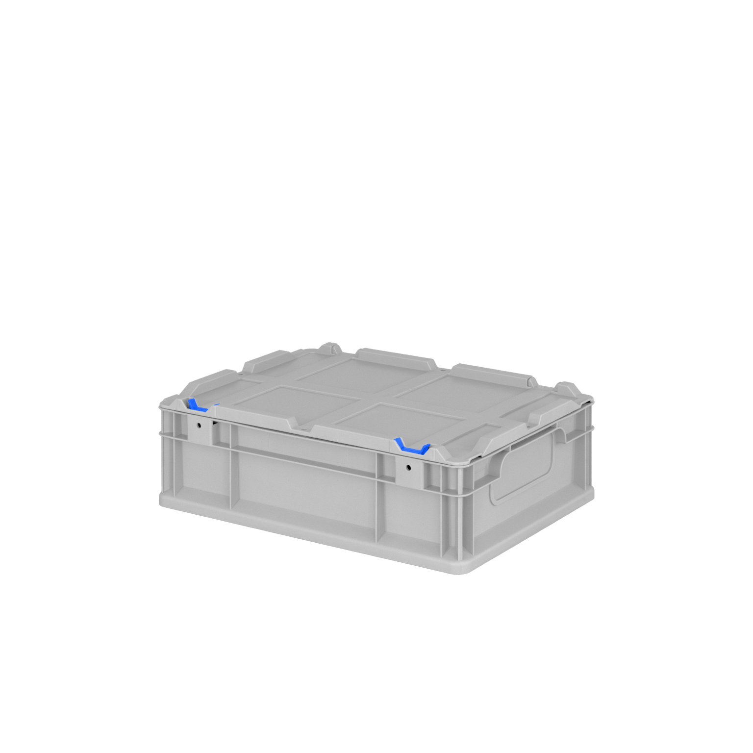 Transparente Kunststofflagerbox mit zwei blauen Halteklammern an den Ecken. Sie hat einen stabilen Boden und einen geschlossenen Deckel, um den Inhalt zu schützen.