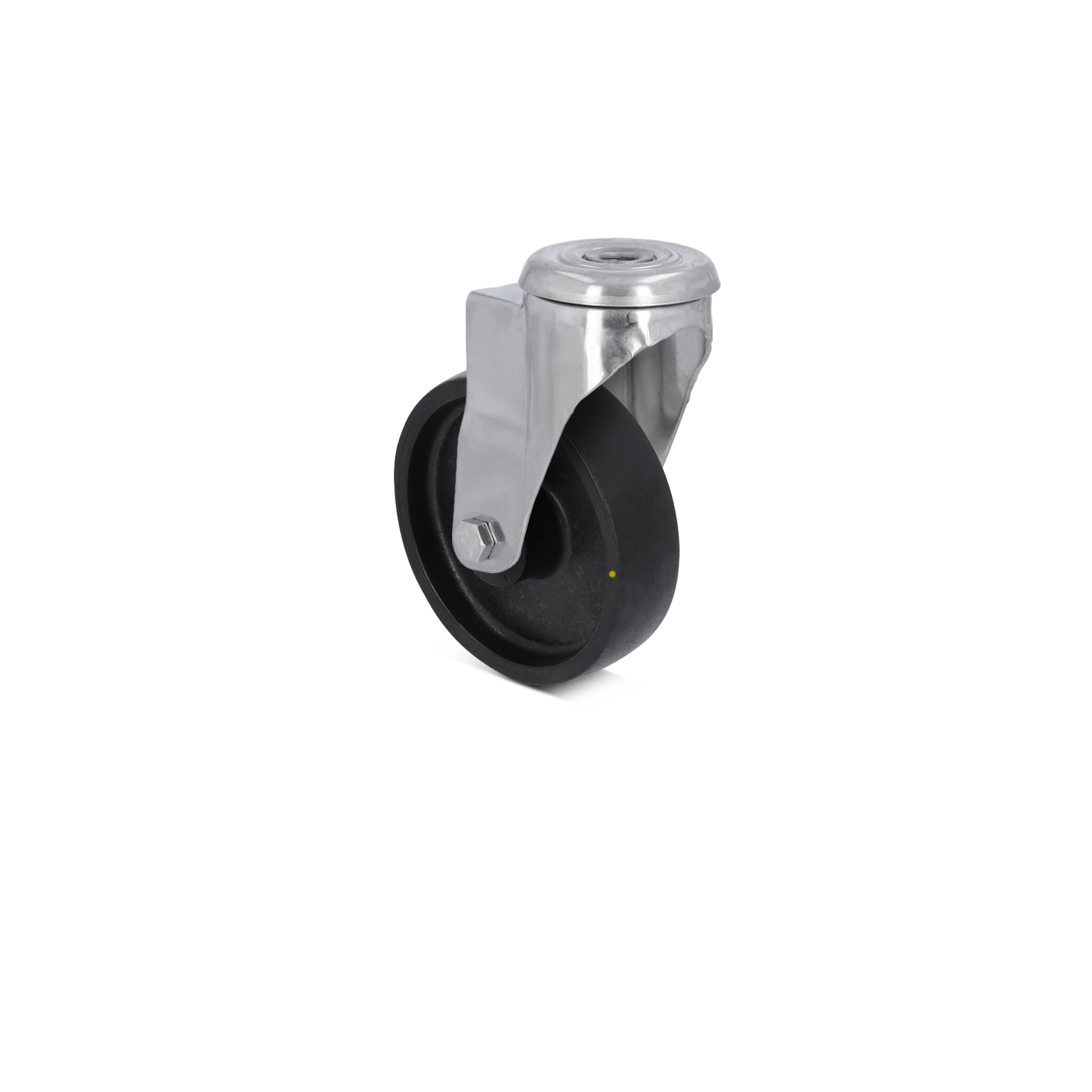 A black rubber wheel is mounted on a shiny metal swivel plate, featuring a bolt for attachment. The wheel is positioned upright, set against a plain background, emphasizing its functionality in material handling.