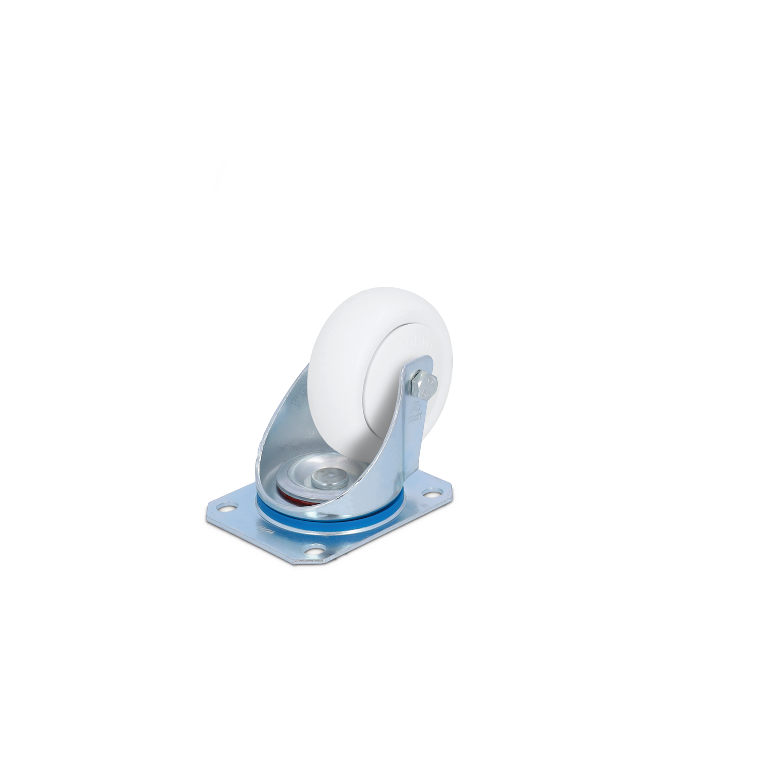 A white industrial caster wheel is mounted on a metallic swivel base with a blue cushioning ring. It-s positioned upright on a gray metallic plate, showcasing its robust construction for handling loads.