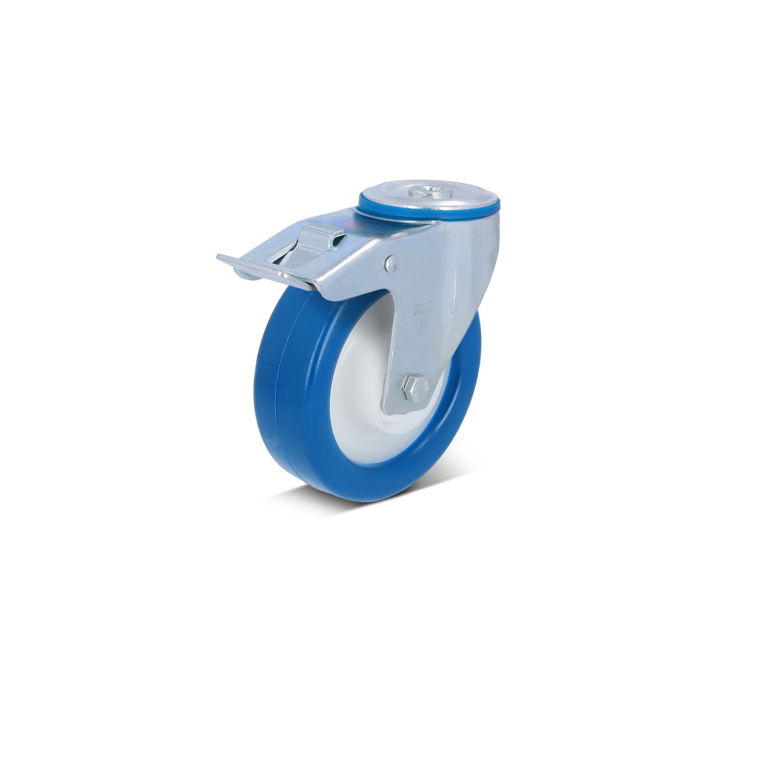 Een blauwe zwenkwiel met een witte rubberen band, gemonteerd op een metalen bevestigingsplaat. Het wiel is ontworpen voor gebruik in industriële toepassingen en bevindt zich op een neutrale achtergrond.