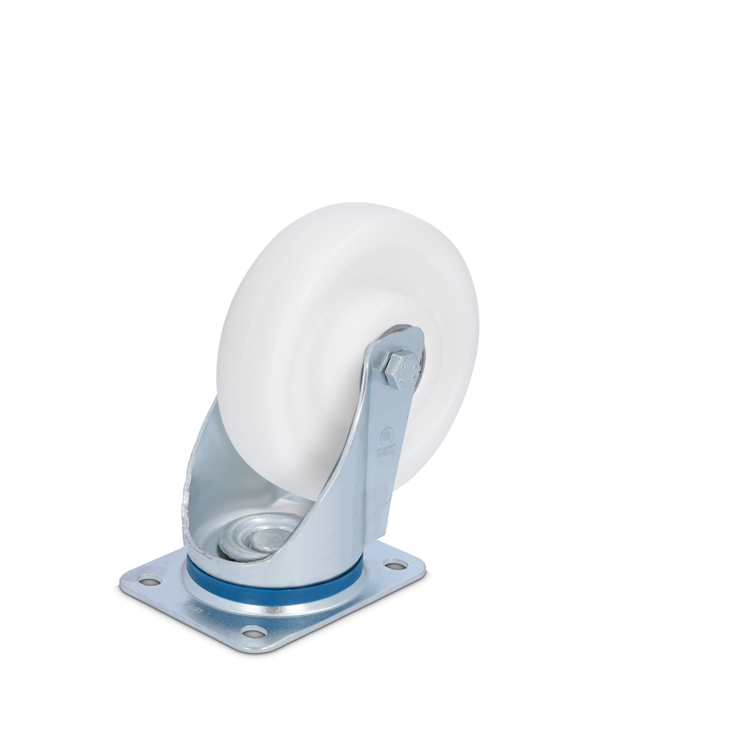A white polyurethane wheel is mounted on a metal swivel bracket with a blue ring. Its assembly includes a circular plate with multiple mounting holes, suitable for various applications in material handling.