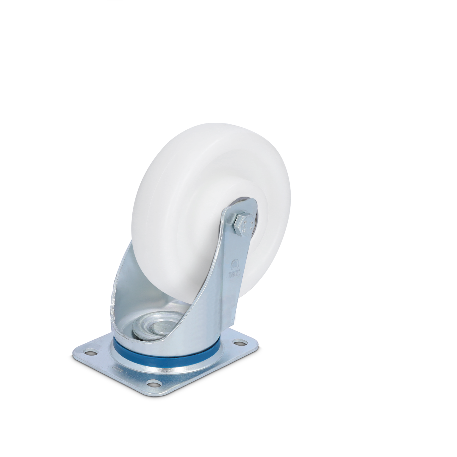 A white polyurethane wheel is mounted on a metal swivel bracket with a blue ring. Its assembly includes a circular plate with multiple mounting holes, suitable for various applications in material handling.