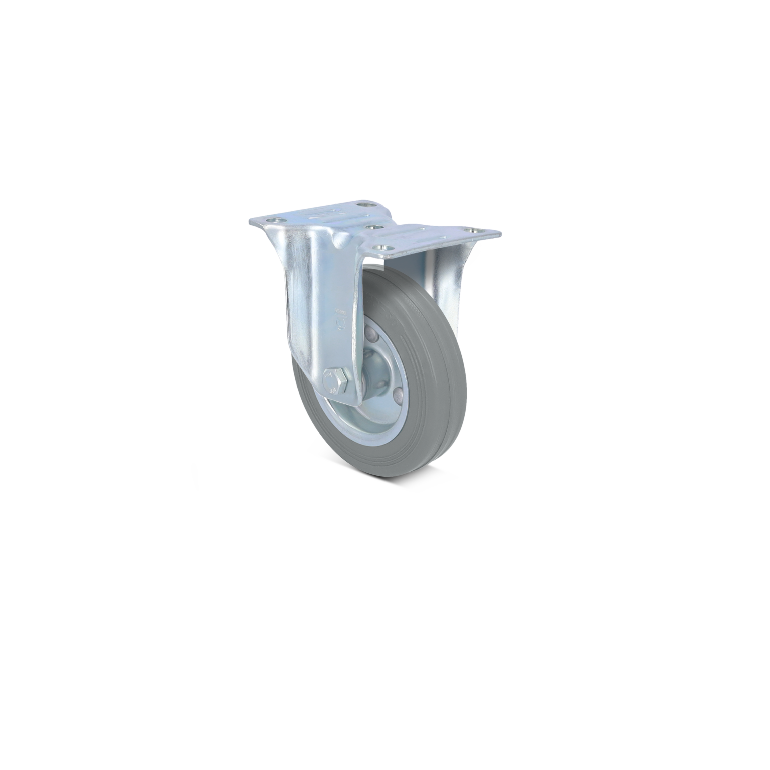 A gray rubber castor wheel, mounted on a metal bracket with four holes for attachment. The wheel is positioned for mobility, showing a smooth surface and rounded edges.