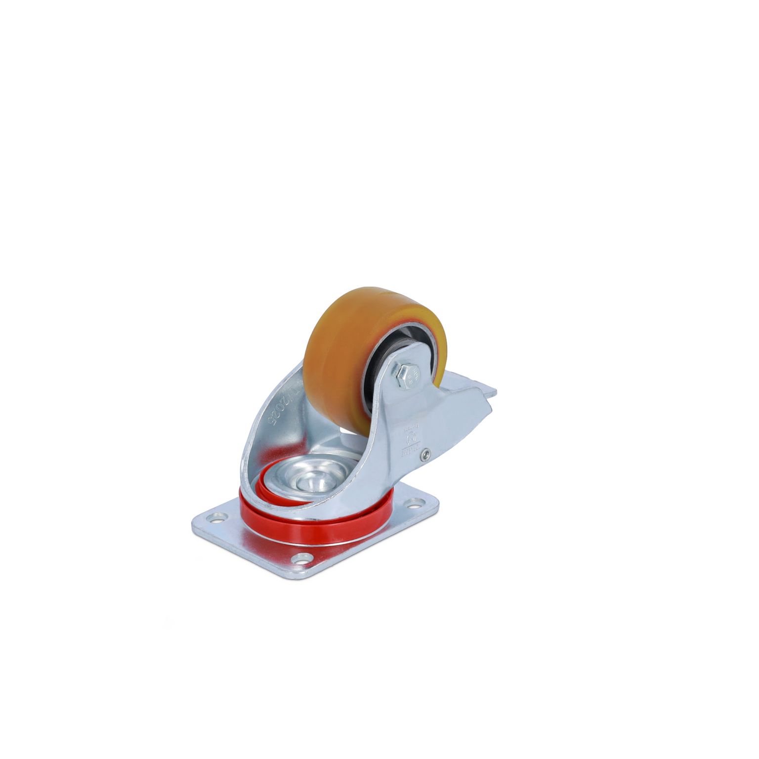 Industrial swivel castor with a brown rubber wheel mounted on a metallic base. The base features a silver finish with a red ring, designed for mobility in material handling applications.