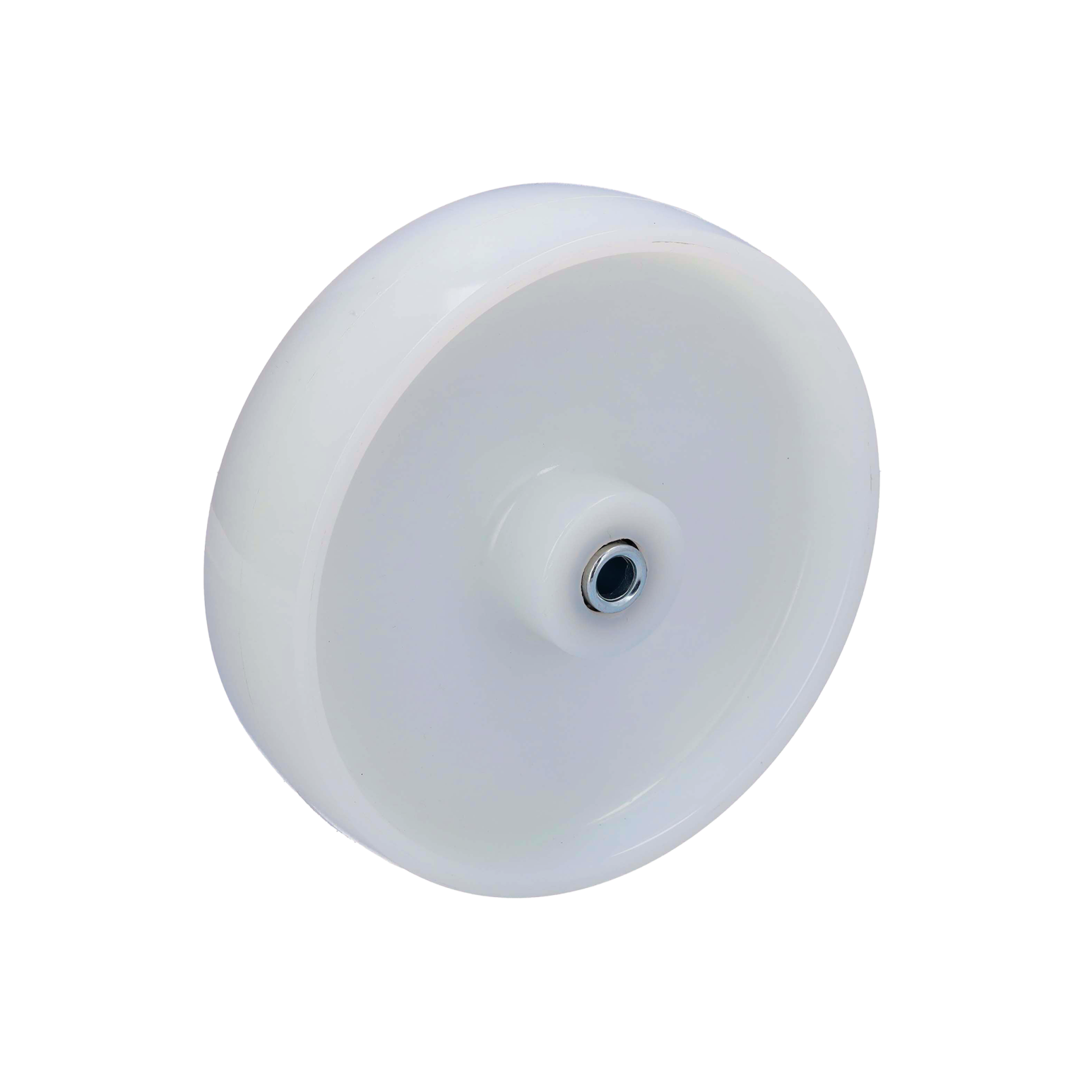 A white industrial wheel featuring a smooth, solid surface and a central hub with a bearing. It-s positioned upright against a plain background, showcasing its clean design suitable for various applications.
