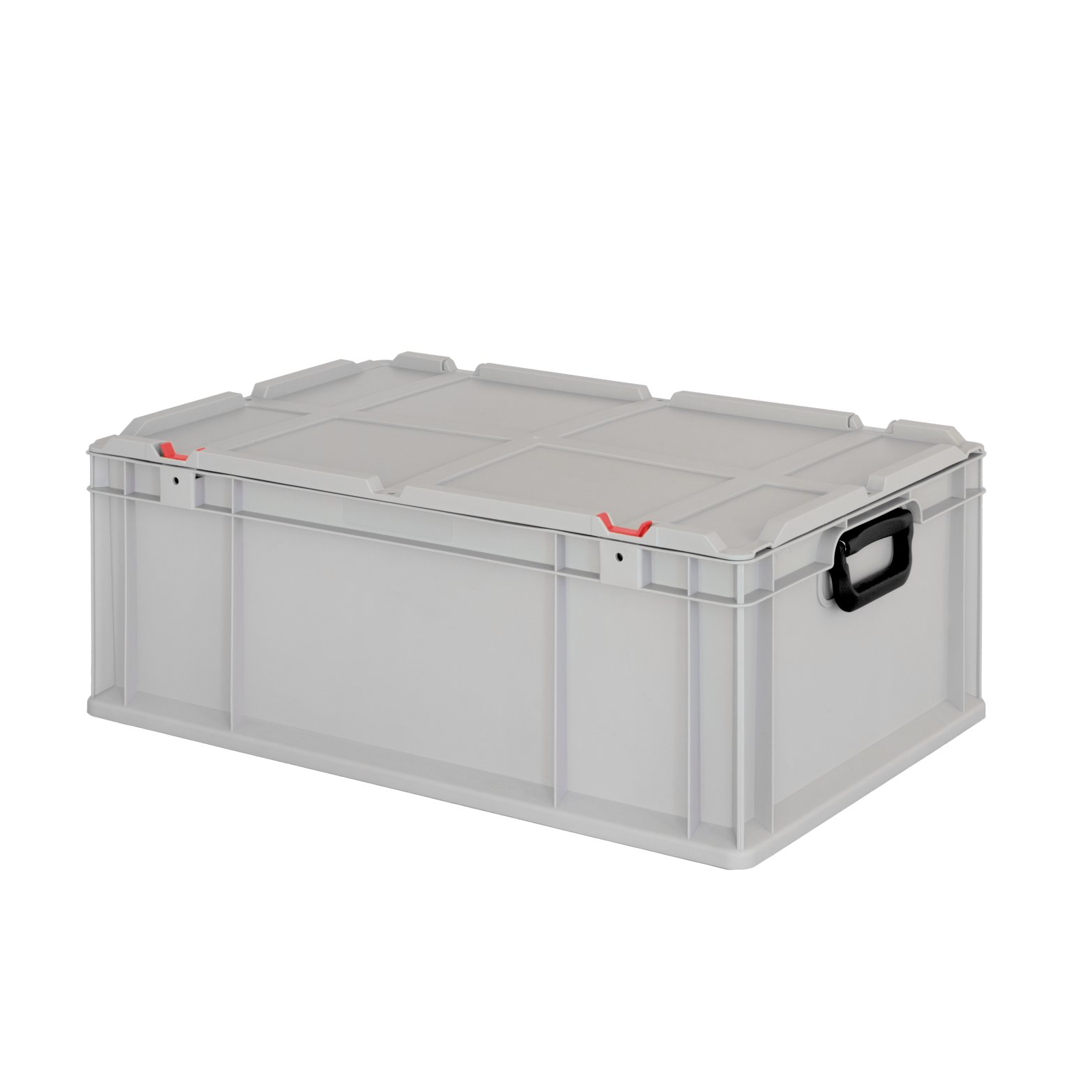 Graue Transportbox mit einem stabilen, flachen Deckel und roten Schnappverschlüssen. Sie ist rechteckig, mit Griffen an den Seiten für den einfachen Transport. Der Hintergrund ist schwarz.