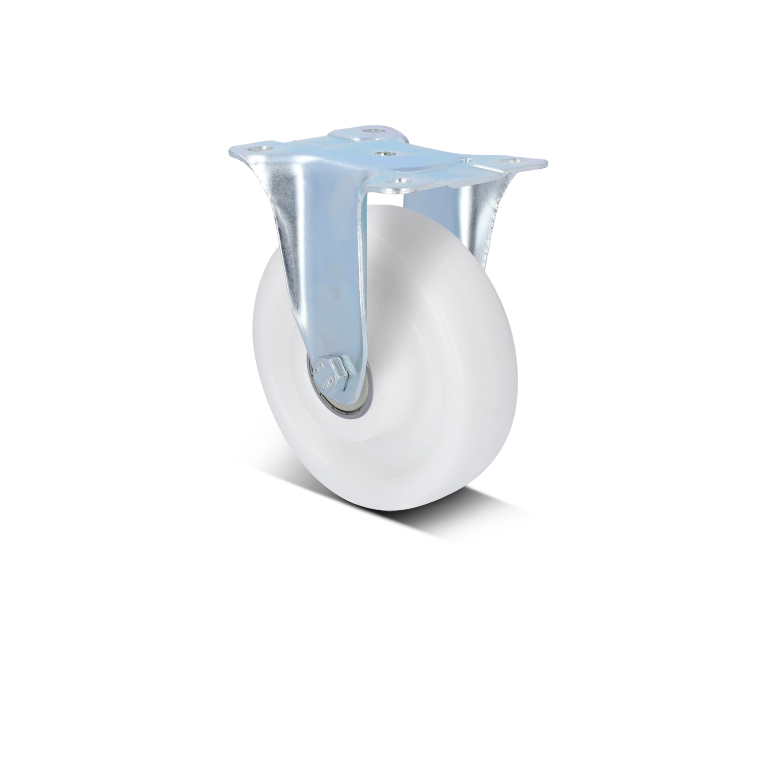 A white plastic wheel with a metallic swivel mounting plate is prominently displayed. The wheel features a smooth surface, designed for ease of movement, and is positioned against a neutral background.