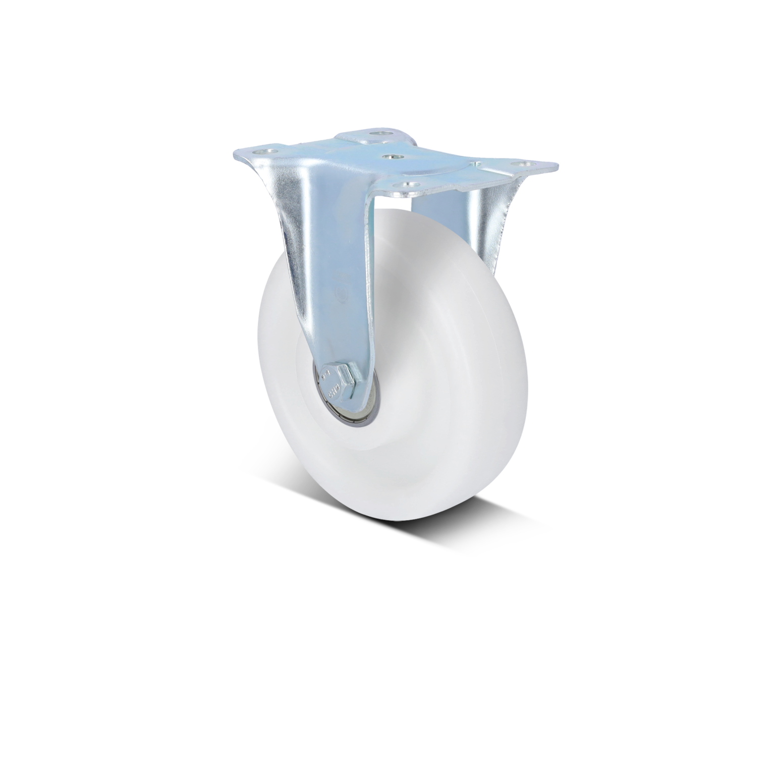 A white plastic wheel with a metallic swivel mounting plate is prominently displayed. The wheel features a smooth surface, designed for ease of movement, and is positioned against a neutral background.