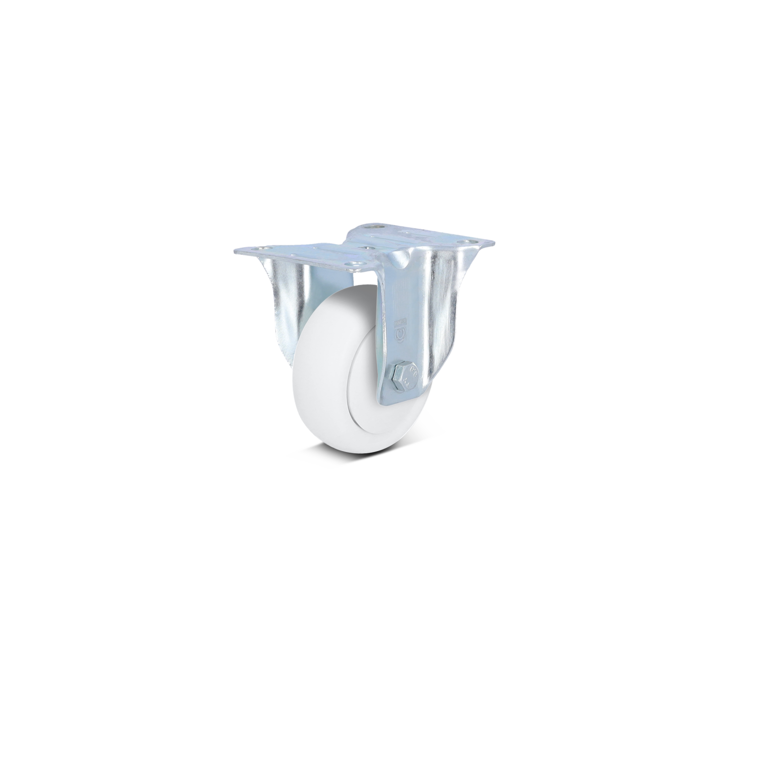 A white industrial wheel mounted on a metallic swivel plate is positioned prominently. The plate features a bolt for secure attachment, with a simple design suitable for various applications in material handling.