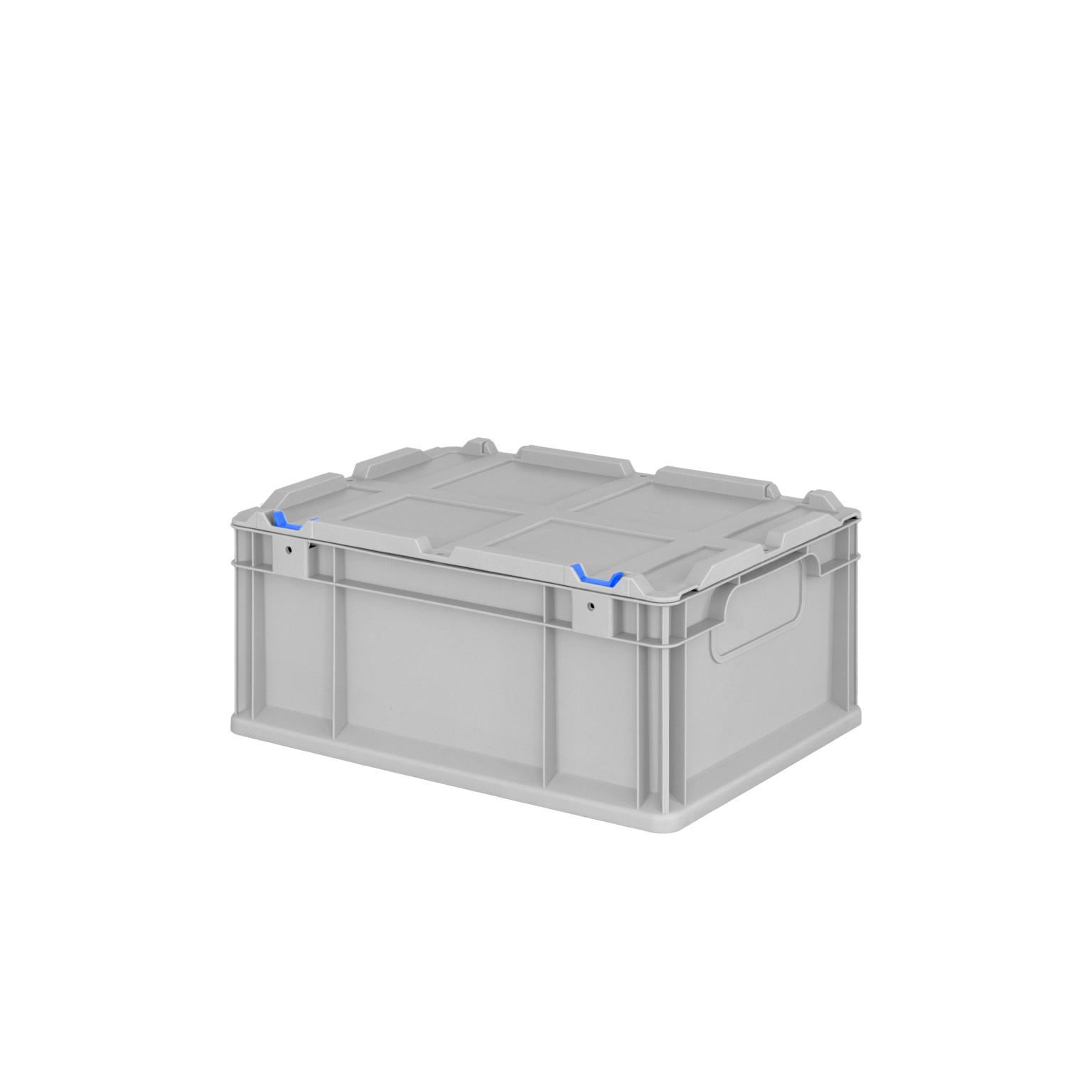 Graue Kunststoffbox mit blauen Griffen, die für Hitze- und Kältebeständigkeit sorgt. Sie hat einen stabilen, flachen Deckel und eignet sich für Lagerung und Transport in industriellen Umgebungen.