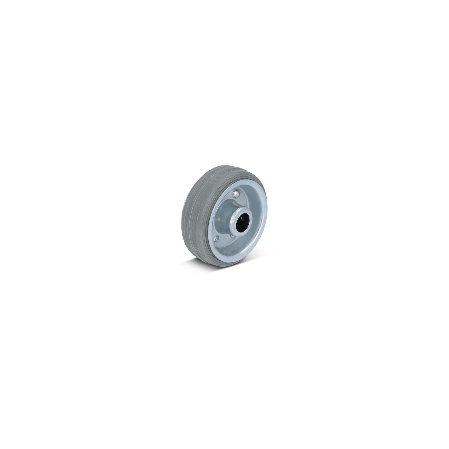 Een grijze rol met een metalen wielbasis en een centrale as. De rol toont een rubberen omhulsel met een gladde rand, geschikt voor gebruik in industriële omgevingen.