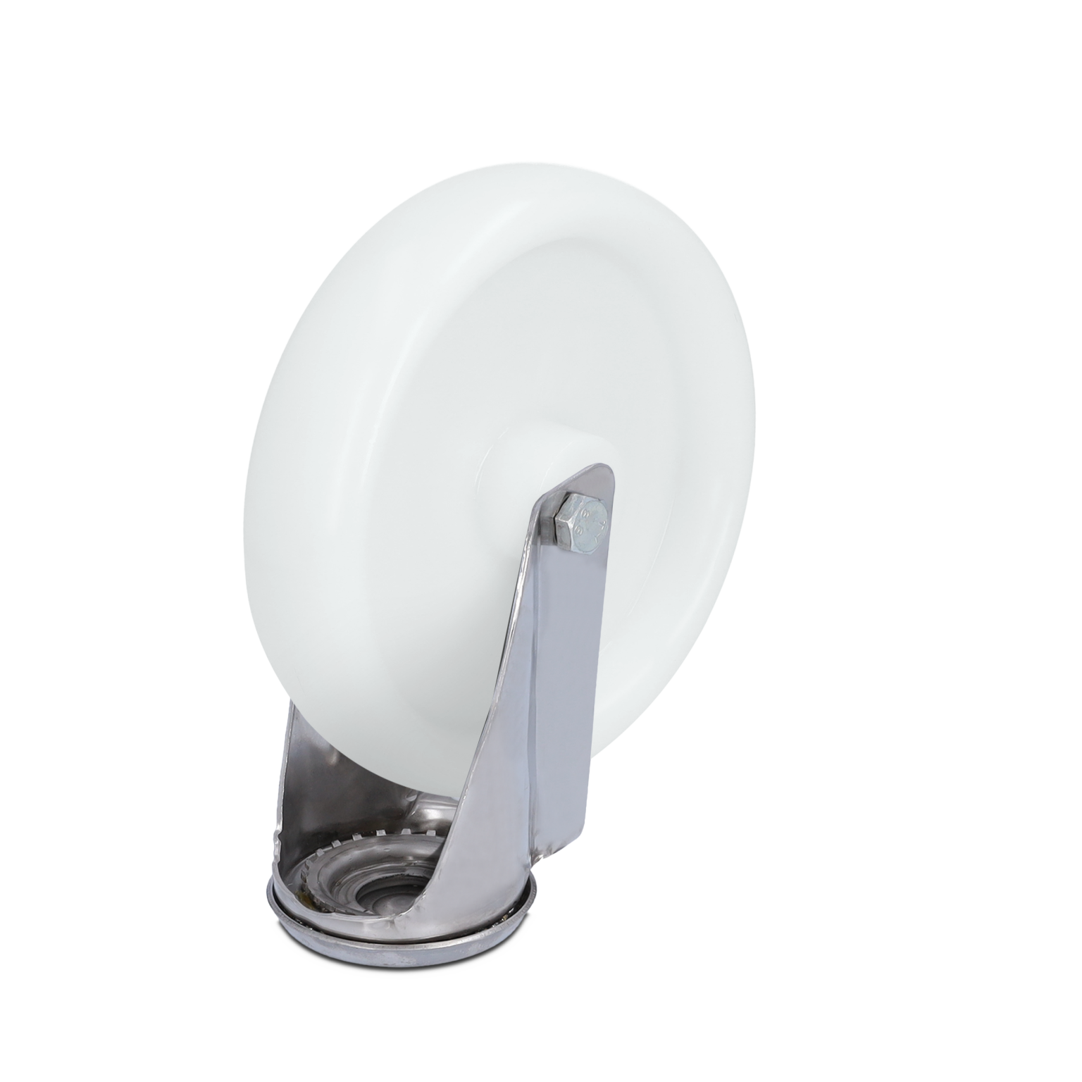 A white industrial wheel with a metal mounting plate is positioned upright. The wheel features a smooth surface and is attached securely to a silver metal bracket for durability.