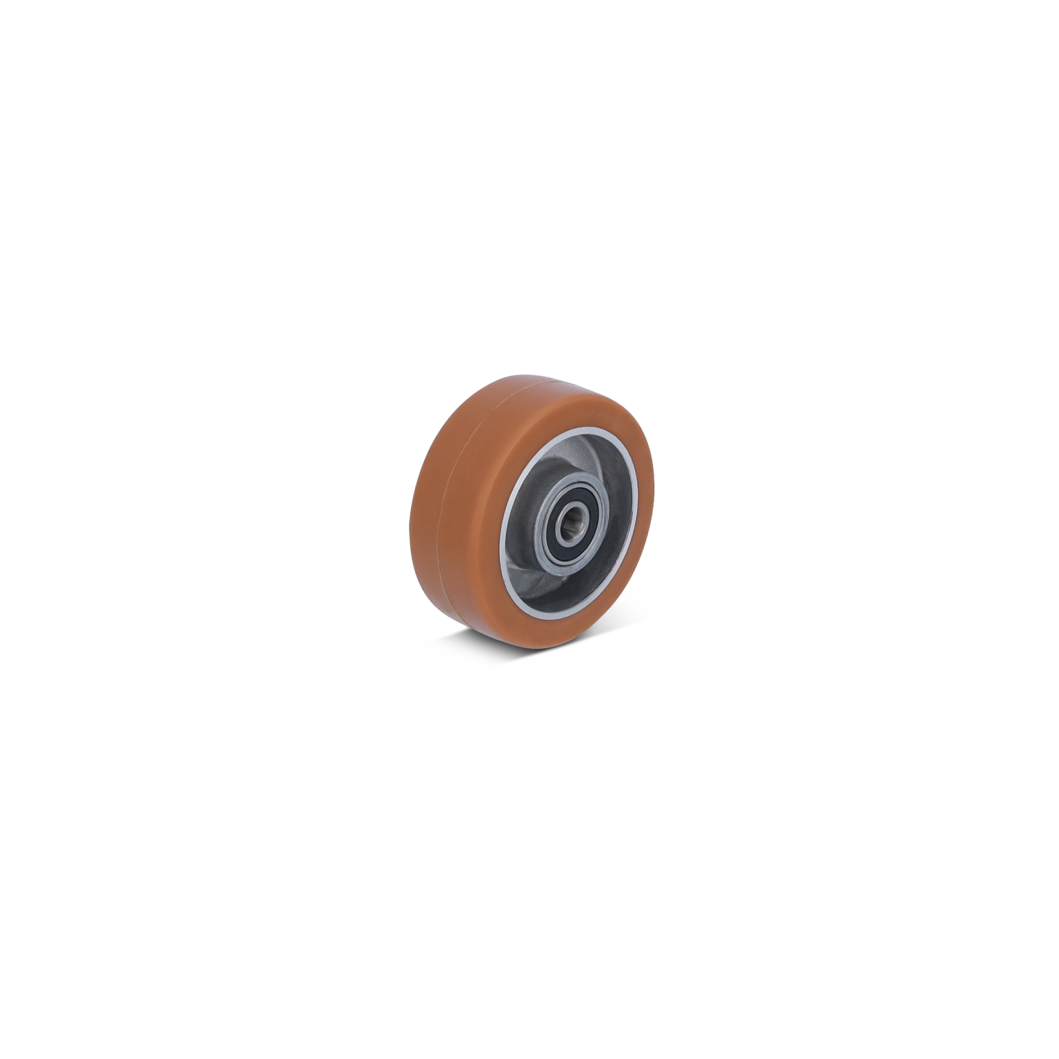 Rond, oranje wiel met een metalen binnenkant en een centrale lager. Het heeft een gladde afwerking en staat rechtop op een neutrale achtergrond, geschikt voor industriële toepassingen.