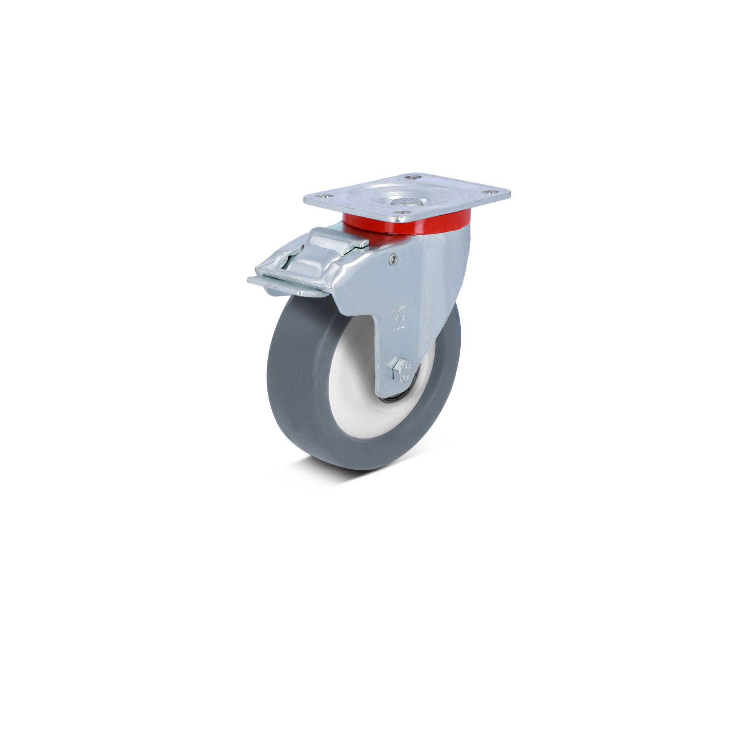 A gray industrial caster wheel features a sturdy metal mounting plate, a red accent ring, and a solid gray rubber tire. It is positioned upright against a minimal background.