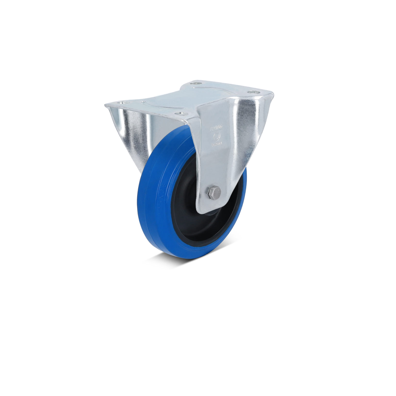 A blue thermoplastic wheel is mounted on a silver metal bracket, featuring a bolt for secure attachment. The background is plain, emphasizing the castor-s industrial design and functionality.