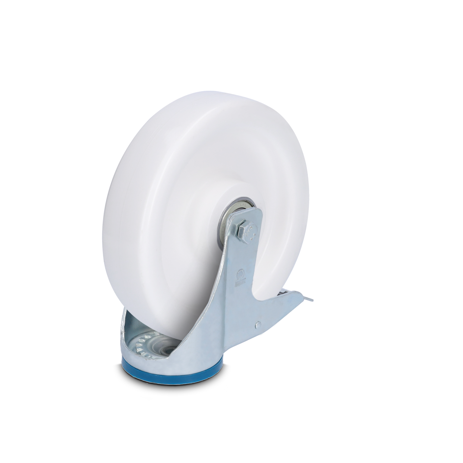 A white wheel is mounted on a silver swivel bracket with a blue base. The wheel features a smooth surface, suggesting suitability for various industrial applications. The background is plain.