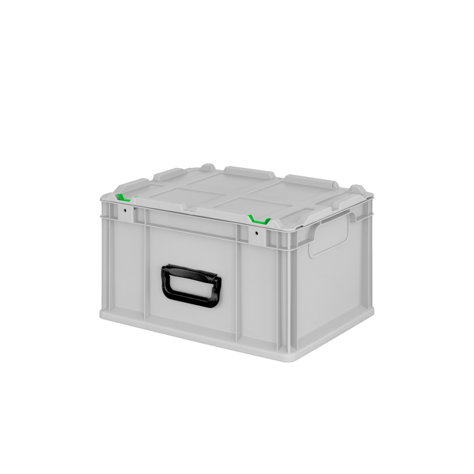 A rectangular, light gray plastic storage box features a black handle and green latches on the lid. It-s designed for efficient storage and organization, set against a plain background.