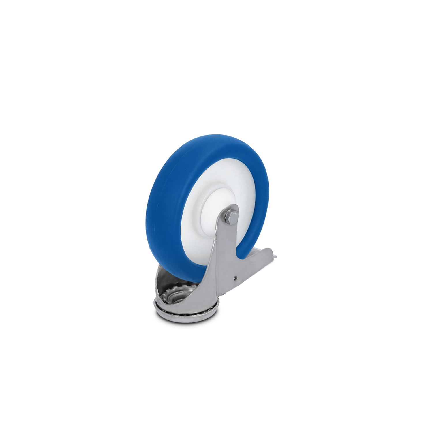 Blauwe wiel met een witte binnenplaat en een metalen bevestigingsbeugel. Het wiel is in een verticale positie gepresenteerd, op een zwarte achtergrond zonder andere elementen.