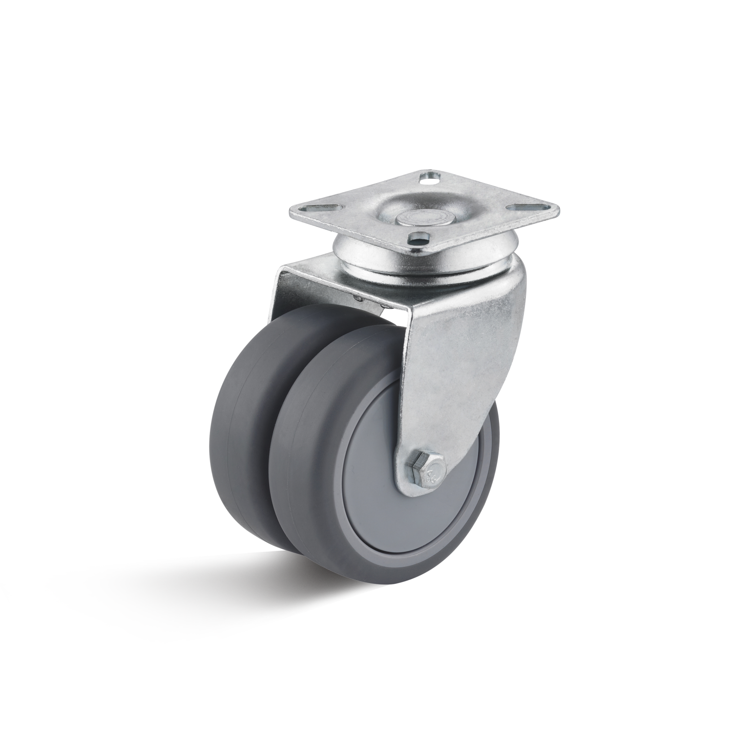 A double wheel caster features two grey rubber wheels attached to a metallic mounting bracket. The wheels are positioned side by side, ideal for smooth movement in industrial applications.