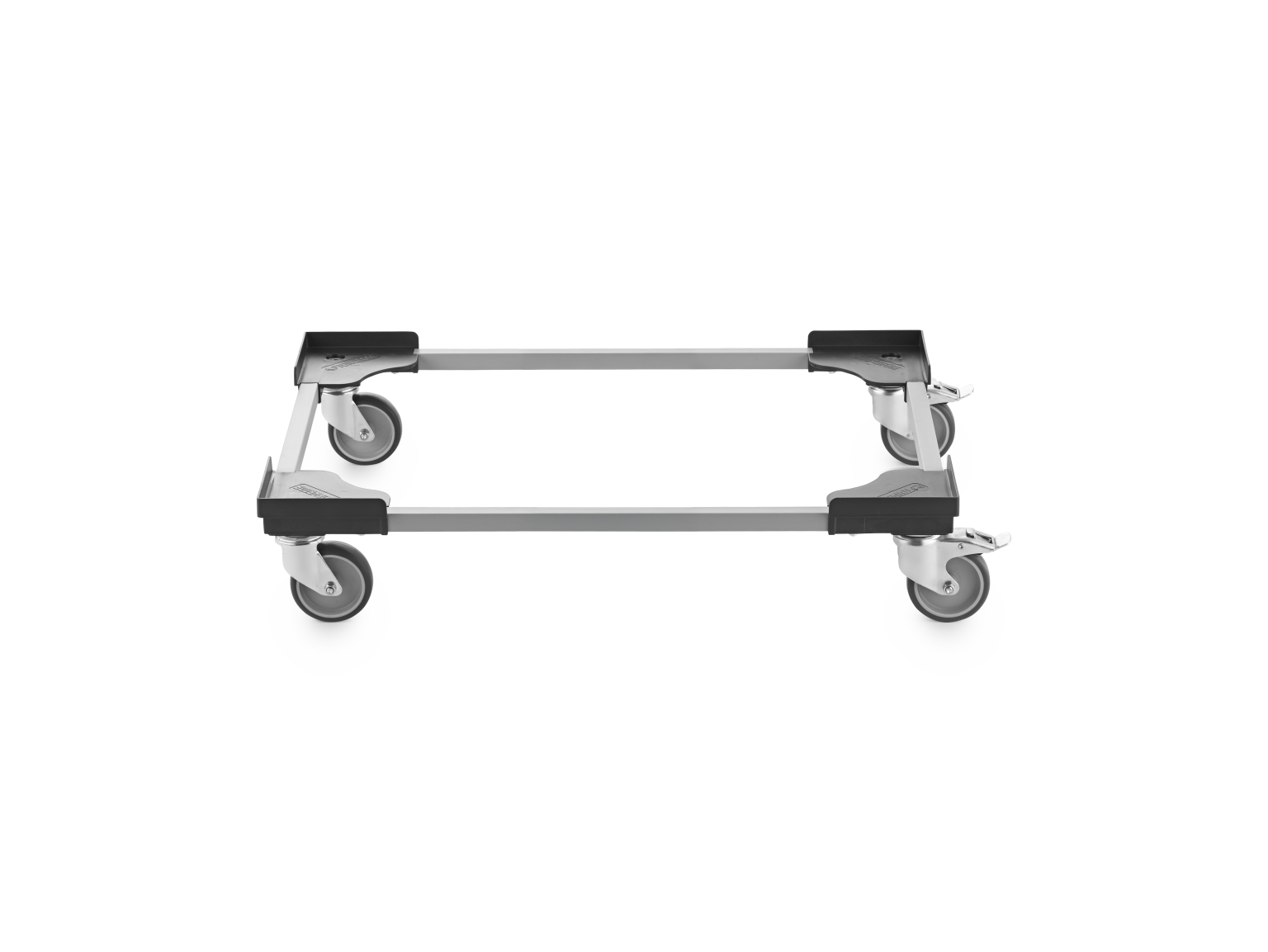 A transport trolley featuring a sturdy metal frame with four swivel castors. The castors enable mobility, while the design supports warehousing and logistics operations. The background is plain and unobtrusive.