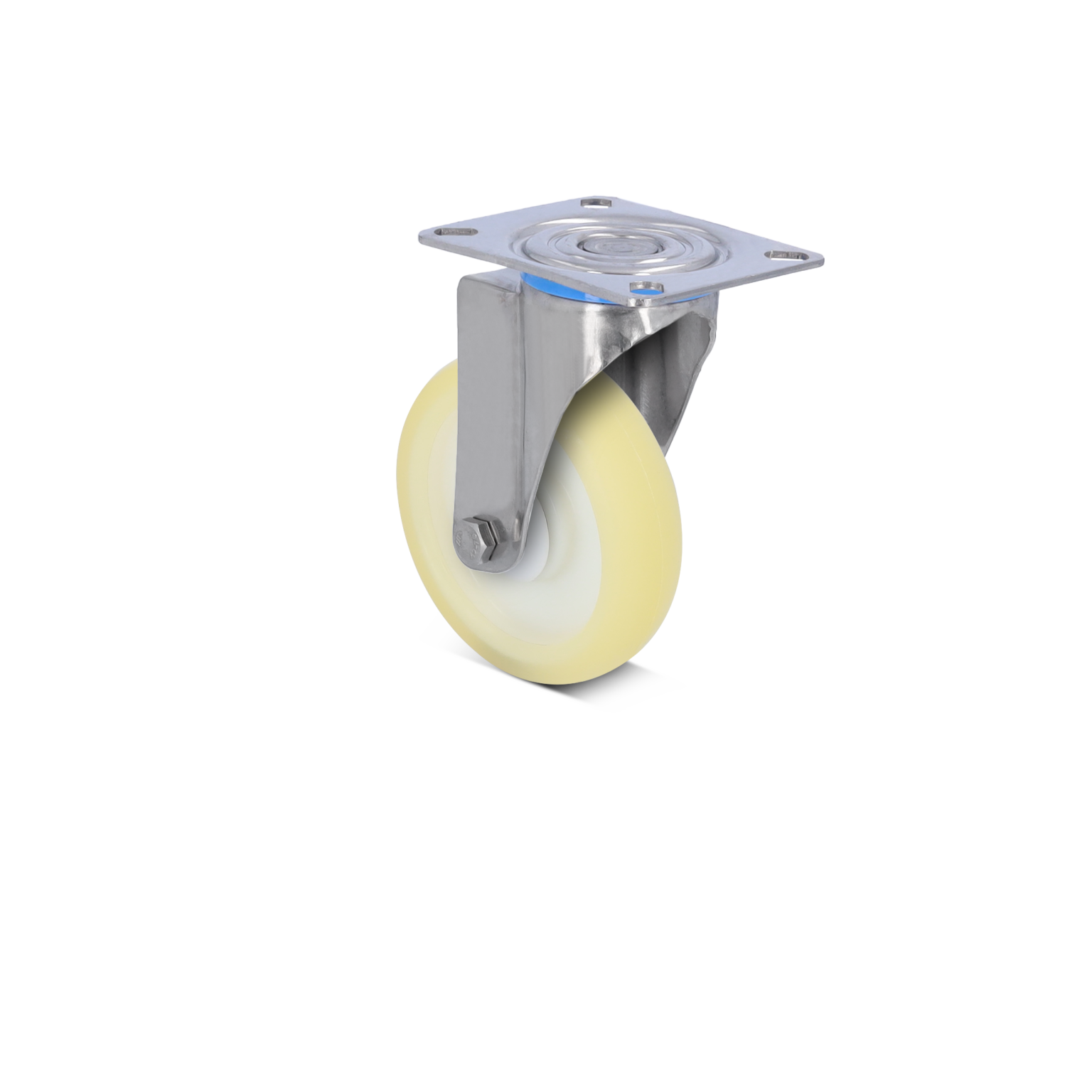 Ein grüner Gummi-Rollen mit einem metallischen Montageblech. Die Rolle ist rund und hat einen glatten, weißen Gummiüberzug. Sie befindet sich in einer neutralen Umgebung ohne zusätzliche Elemente.