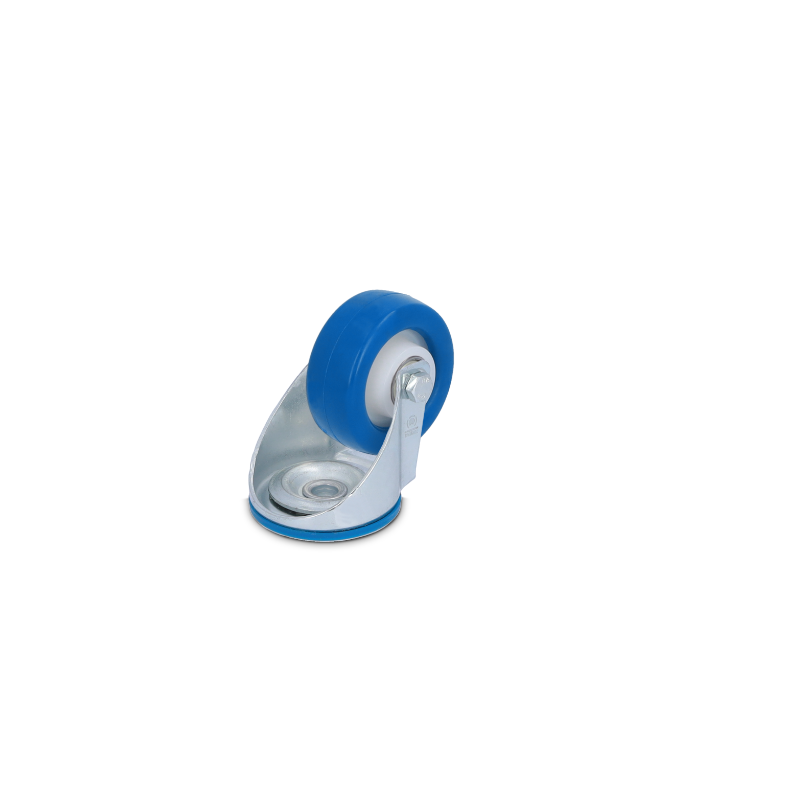 Geleidelijke wieltje met een blauwe kunststof band en een metalen bevestigingsplaat. Het wieltje staat schuin en is ontworpen voor industriële toepassingen, waarschijnlijk voor transport of opslagdoeleinden.