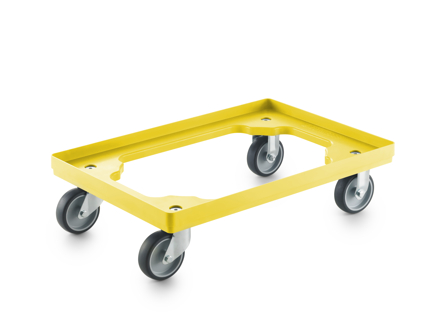 Yellow transport trolley features a rectangular frame with a raised edge and four smooth-rolling wheels. It is positioned at an angle, showcasing its sturdy construction for material handling tasks.