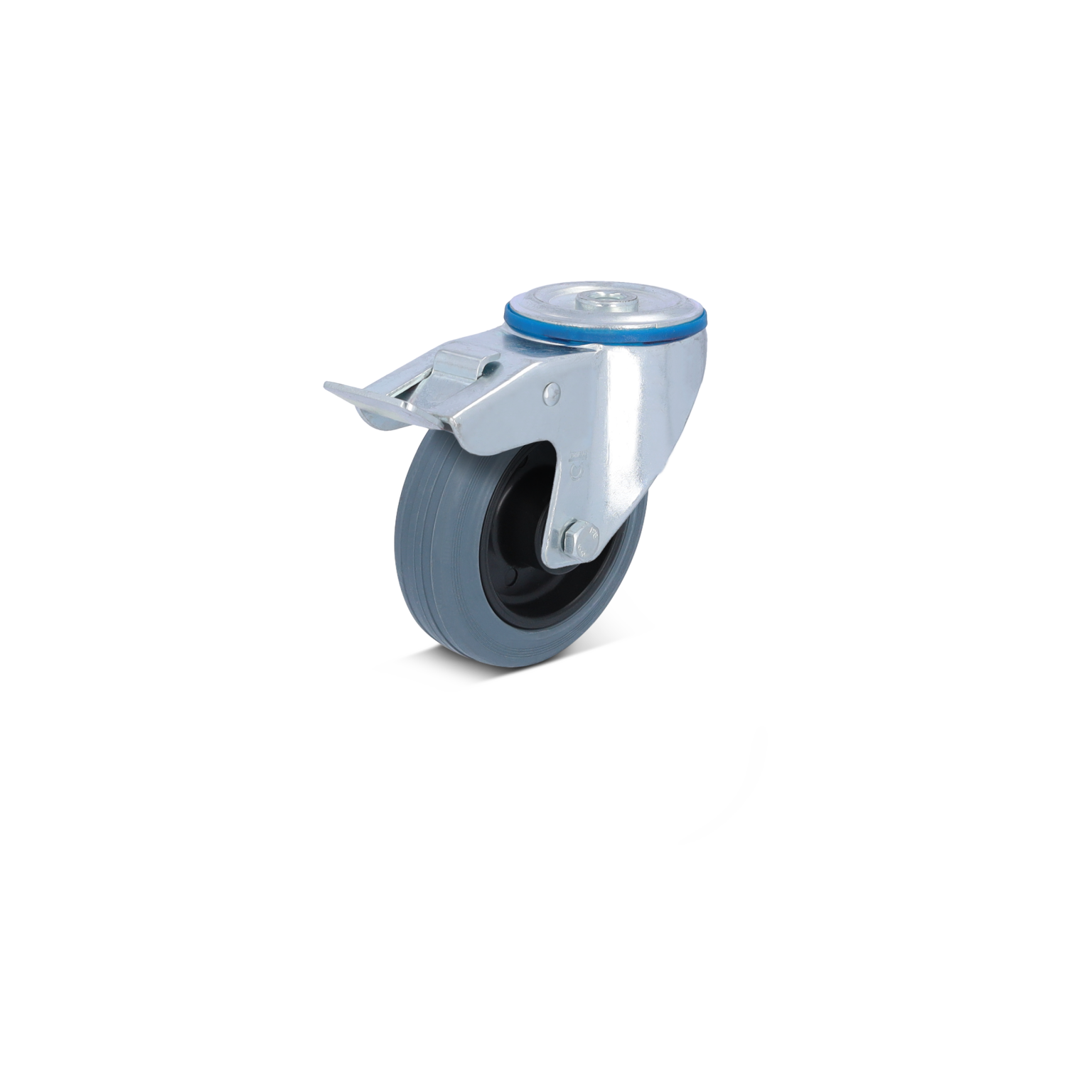 Een industriële zwenkwiel met een grijs rubberen loopvlak en een metalen bevestigingsplaat. Het is gepositioneerd voor een heldere achtergrond, geschikt voor gebruik in logistiek en materiaalhandling.
