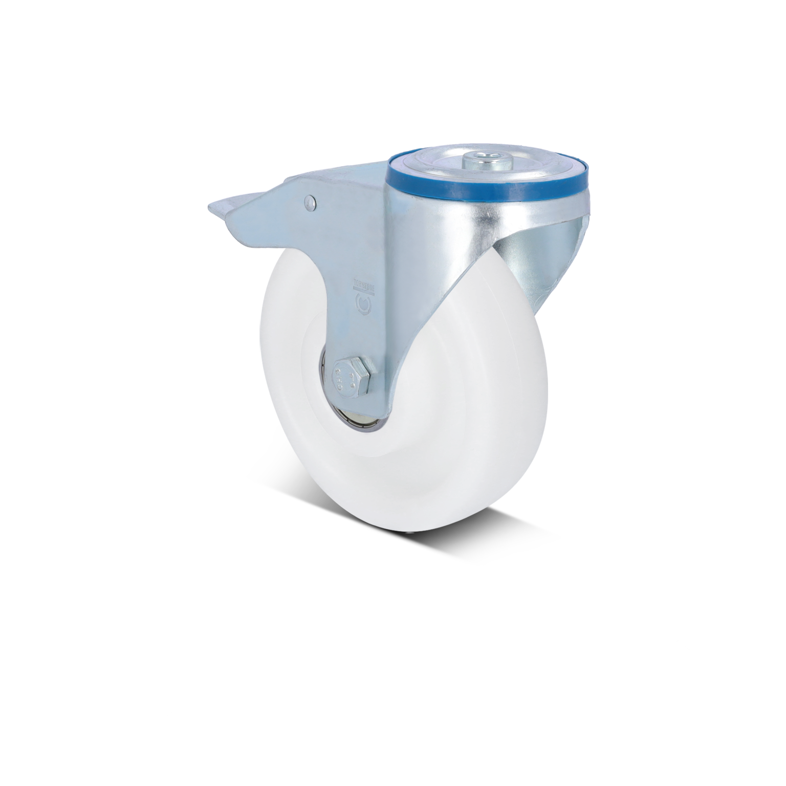 A white industrial castor features a metallic mounting plate with a swivel mechanism, showcasing a blue accent on the top. It is positioned against a simple background.