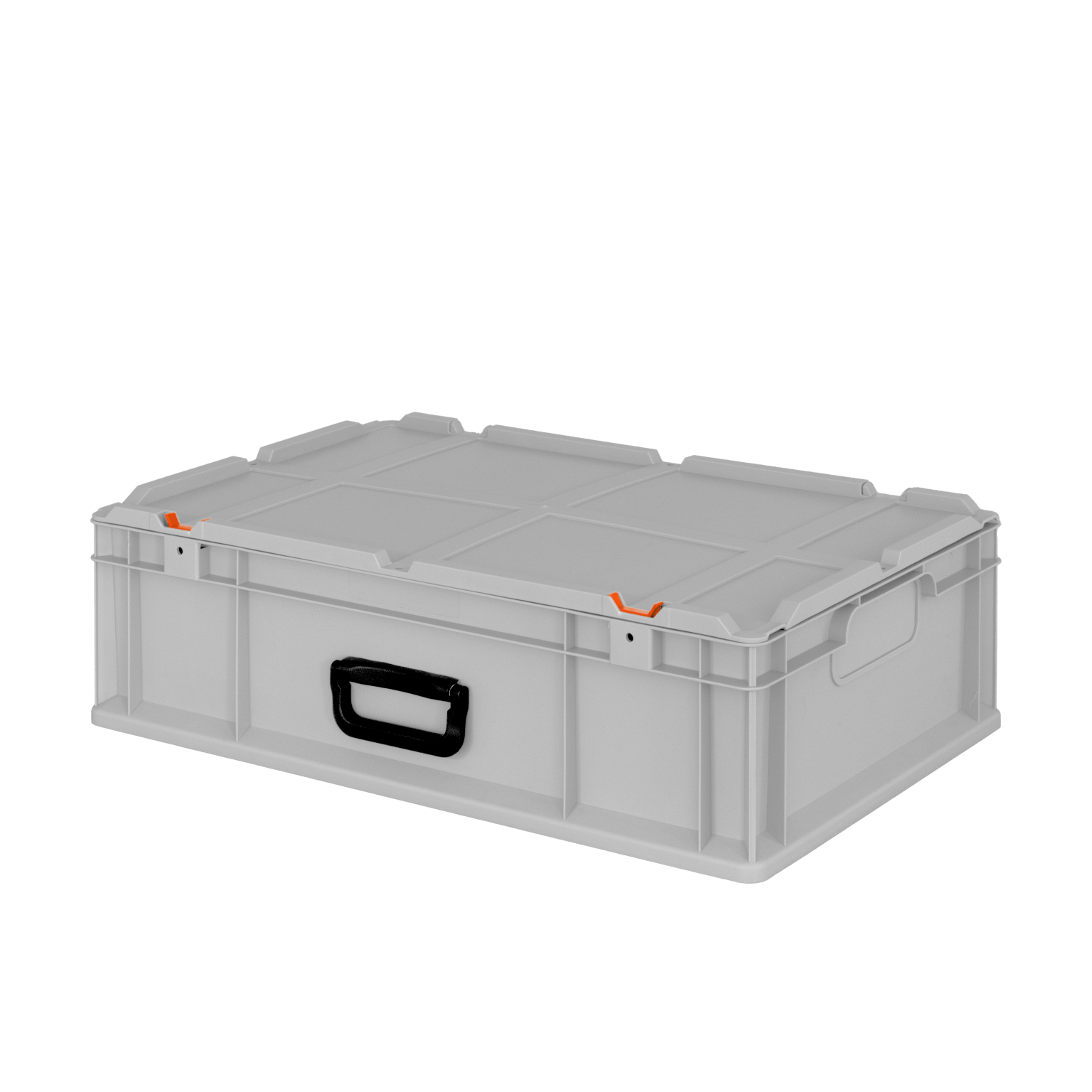 A rectangular, gray plastic storage box with a textured lid features orange locking clips and a black handle on one side. It has a sturdy design suitable for transport and storage.