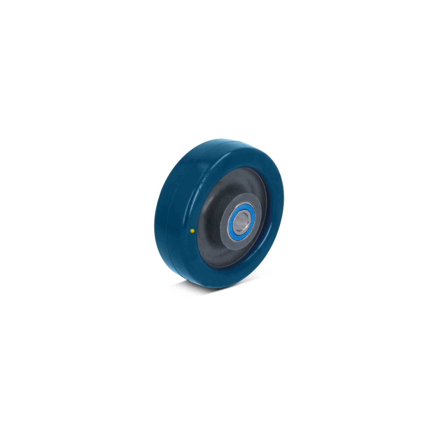Een blauw industrieel wiel met een zwarte rubberen band en een metalen as in het midden. Het wiel staat rechtop en heeft een glanzende afwerking, zonder achtergrond of omgeving.